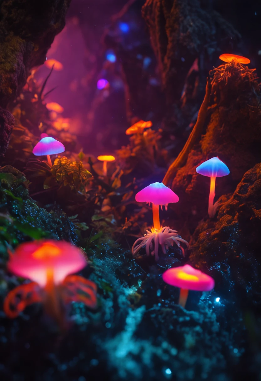Hot springs, caves, glowing plants, exotic plants, weird fungi plants, dreamy, colorful, fireflies, small mushrooms