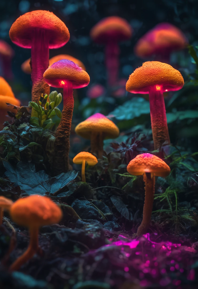 Hot springs, caves, glowing plants, exotic plants, weird fungi plants, dreamy, colorful, fireflies, small mushrooms