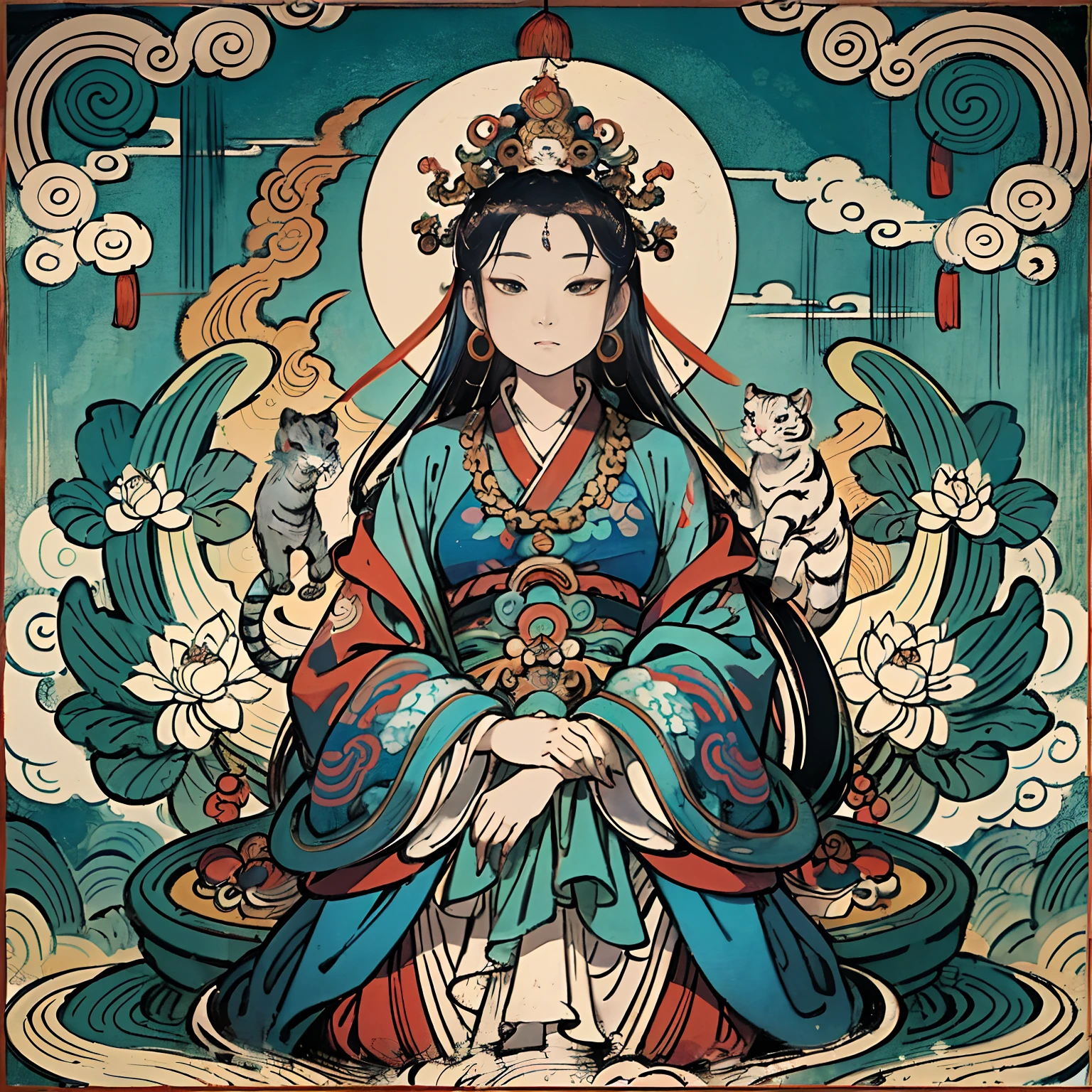 an ancient Chinese goddess, guanyin of the southern seas, Guanyin, Inspired by India, Avalokiteshvara rides a tiger,,Serene expression,shui mo hua,Buddha,Buddhist,Lotus,Chinese painting style,Thangka style