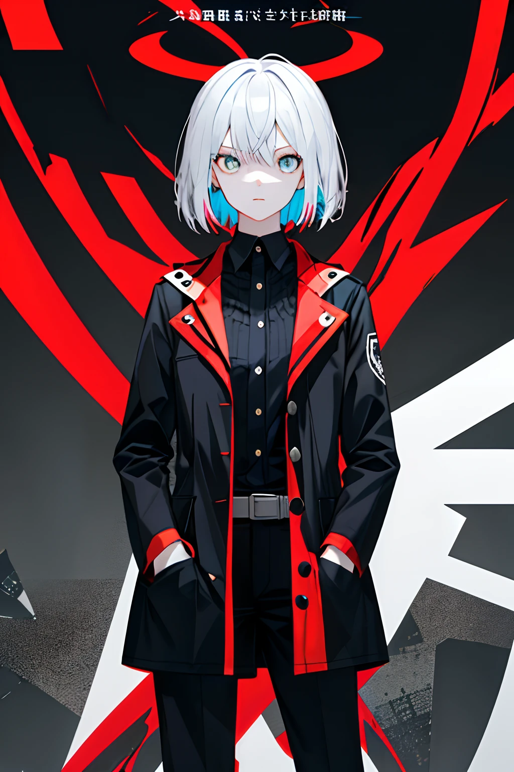A young woman is the central figure。She stands confidently in the center of the poster，Put your hands in your pockets，Dress in a black suit，with a determined expression on her face。The background is dark and gritty，There is a sense of danger and a strong feeling。The text is bold and eye-catching，With catchy slogans，Adds to the overall drama and excitement。The color palette is dominated by dark colors，Dotted with bright colors，Make the poster dynamic and visually striking，rich colourful，dyna，Background with，element in，self-assured，Expressing the，halter，statement，attachment，A majestic，coil，Runt，Touching pubic area，Scenes，text，Cover of a，boldness，attention-grabbing，titles，Fashionab，typeface，Catchy，titles，more big，smart、moderno、Trendy、focus-on、Fashionab、（flatchest），DWJ in the background，"DWJ" in the background