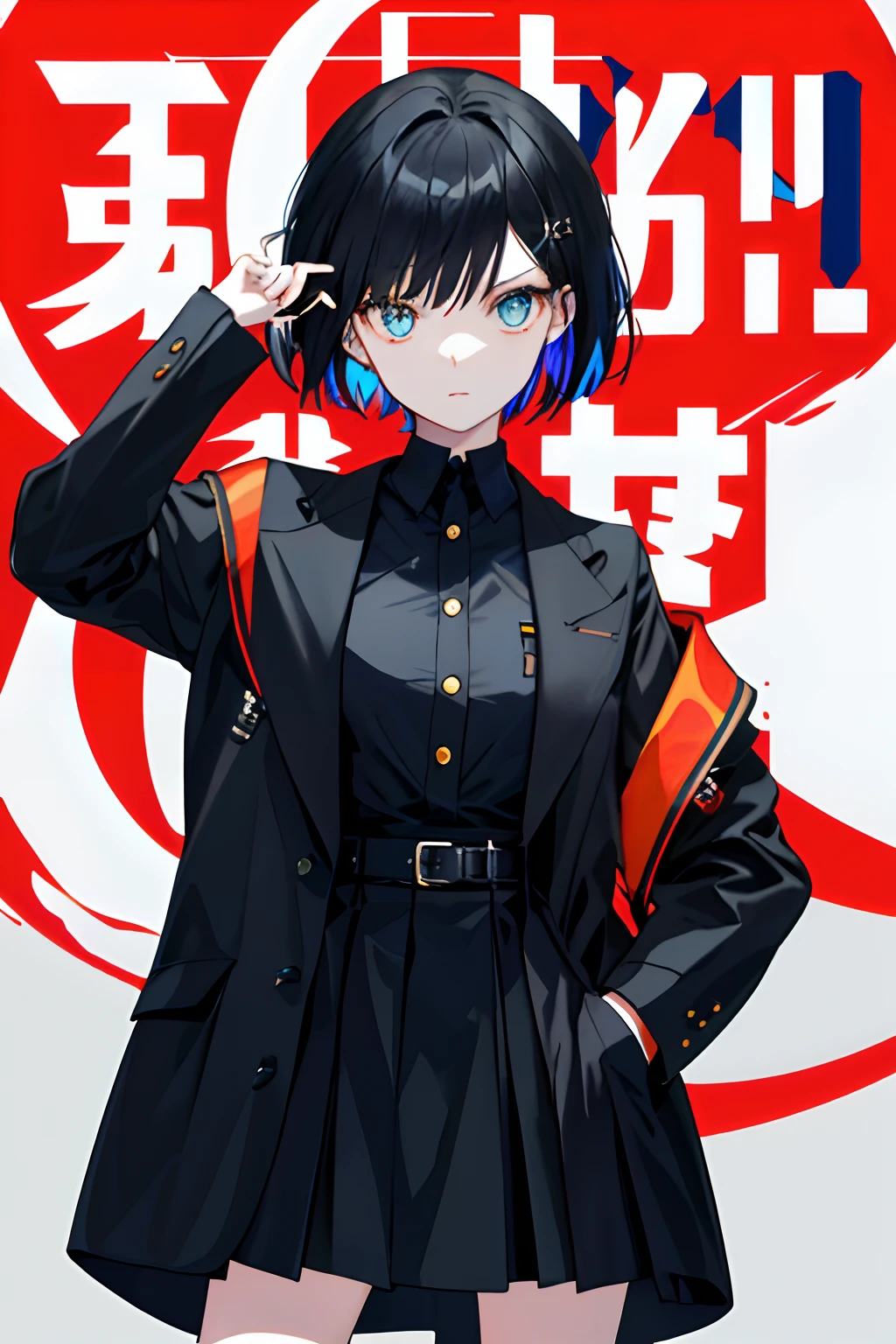A young woman is the central figure。She stands confidently in the center of the poster,Put your hands in your pockets,Dress in a black suit,with a determined expression on her face。The background is dark and gritty,There is a sense of danger and a strong feeling。The text is bold and eye-catching,With catchy slogans,Adds to the overall drama and excitement。The color palette is dominated by dark colors,Dotted with bright colors,Make the poster dynamic and visually striking,rich colourful,dyna,Background with,element in,self-assured,Expressing the,halter,statement,attachment,A majestic,coil,Runt,Touching pubic area,Scenes,text,Cover of a,boldness,attention-grabbing,titles,Fashionab,typeface,Catchy,titles,more big,smart、moderno、Trendy、focus-on、Fashionab、(flatchest),DWJ in the background,"DWJ" in the background