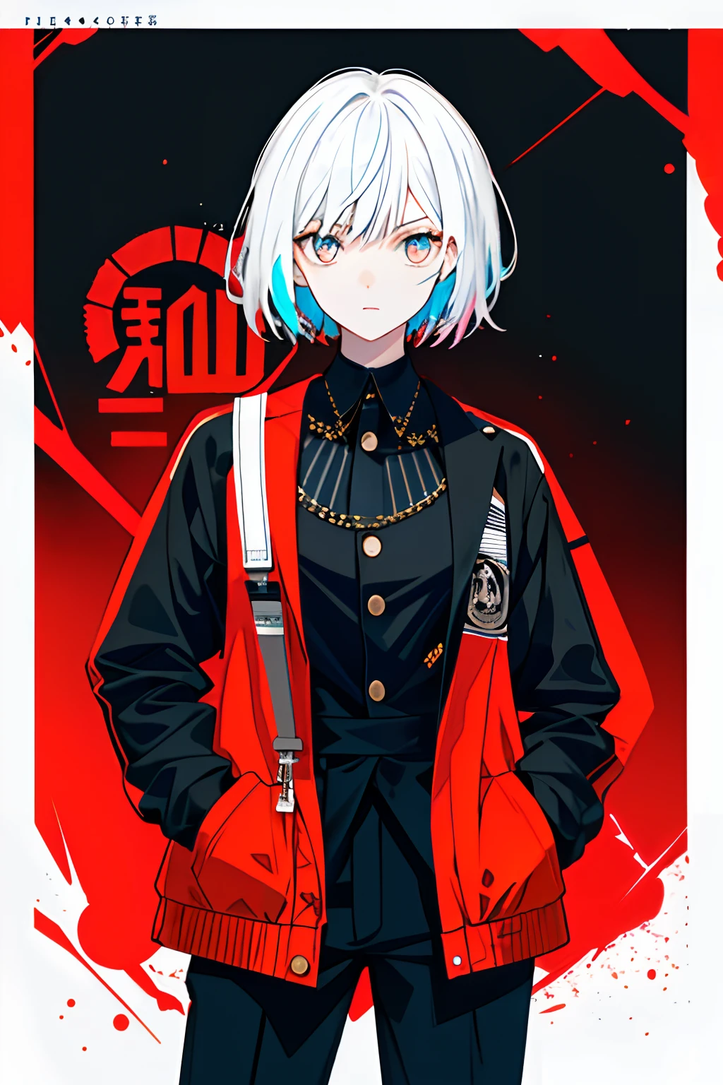 A young woman is the central figure。She stands confidently in the center of the poster,Put your hands in your pockets,Dress in a black suit,with a determined expression on her face。The background is dark and gritty,There is a sense of danger and a strong feeling。The text is bold and eye-catching,With catchy slogans,Adds to the overall drama and excitement。The color palette is dominated by dark colors,Dotted with bright colors,Make the poster dynamic and visually striking,rich colourful,dyna,Background with,element in,self-assured,Expressing the,halter,statement,attachment,A majestic,coil,Runt,Touching pubic area,Scenes,text,Cover of a,boldness,attention-grabbing,titles,Fashionab,typeface,Catchy,titles,more big,smart、moderno、Trendy、focus-on、Fashionab、(flatchest),DWJ in the background,"DWJ" in the background