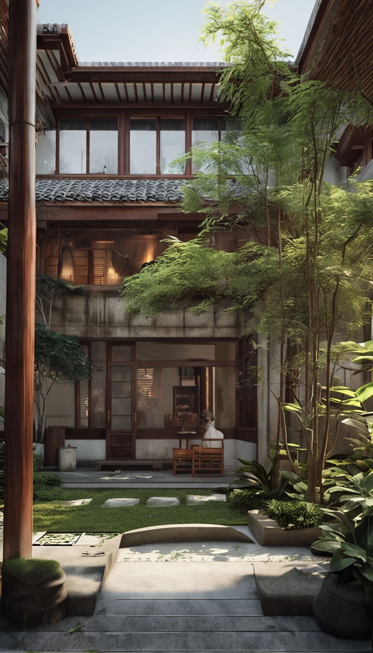 After entering the courtyard,You will see a spacious and neat courtyard。The floor of the courtyard is paved with stone slabs,It is surrounded by a bamboo。Various greenery is planted in the corners of the courtyard,Such as flowers and plants、bamboo and small trees, etc。The greenery is growing well,It gives the courtyard a fresh atmosphere and a natural beauty。In the center of the courtyard,There is some simple but comfortable outdoor furniture,For people to rest、Chat or read。Asian style.