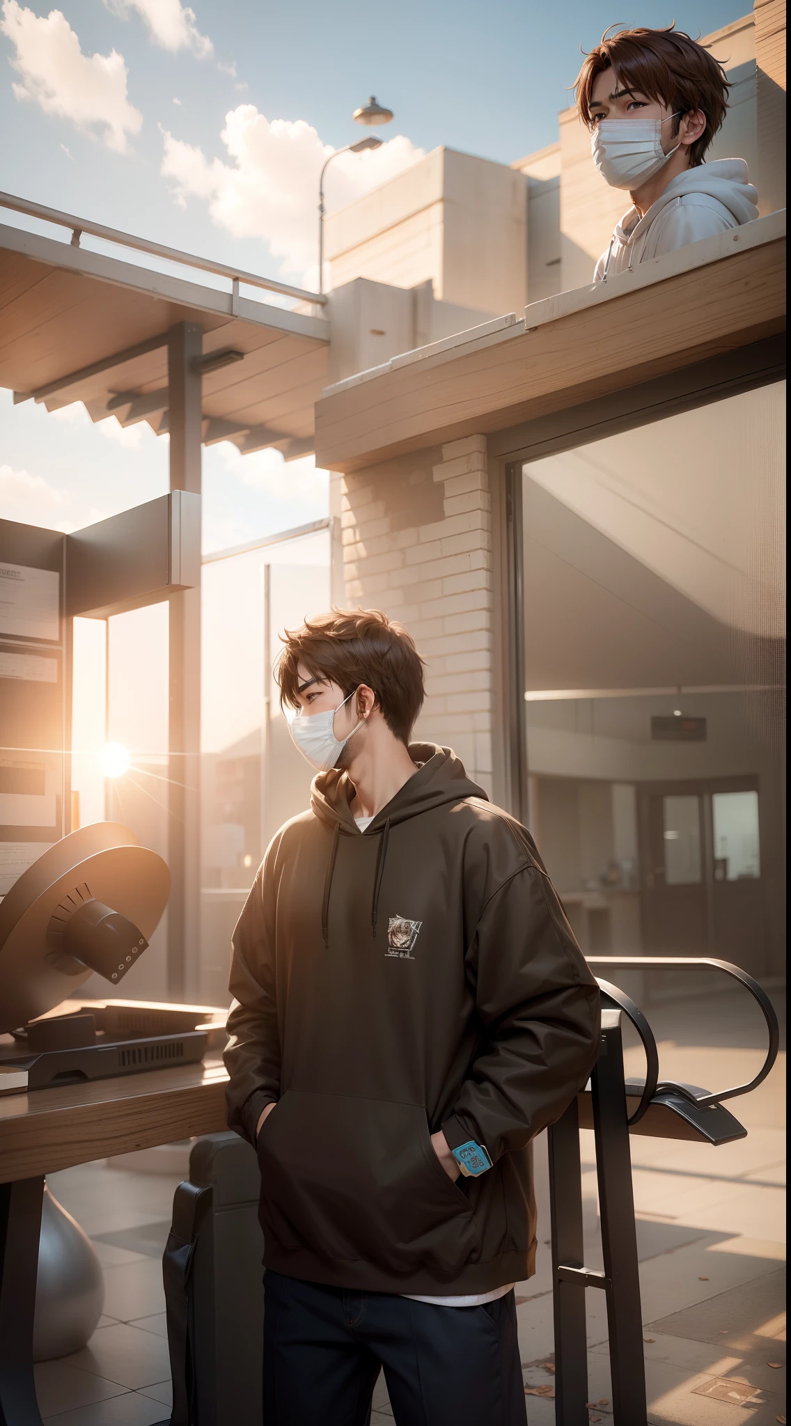 Anime Boy, handsome boy, realistic face mask, realistic face, hoodie brown
