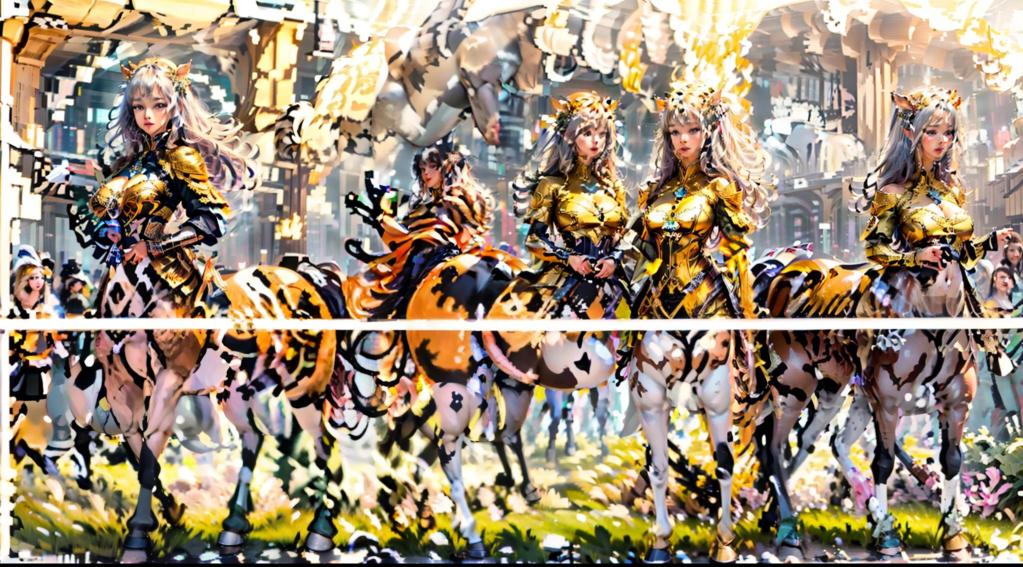 In the beautiful illustration of this super-grand scene，The ultra-long-range lens is shown（Eight unique centaur characters：9.9），They all have their own characteristics，Vivid and interesting。Radiant angelic centaurs from the heavenly realm，To the hellish centaurs surrounded by nightmarish flames，And then to the Wind Immortal Centaur dancing in the air，There are also one-horned centaurs surrounded by thunder and lightning，and mechanical centaurs that shine with metallic light，And then to the powerful dragon centaur with colored dragon scales covering the whole body，The elegant and agile elf centaur always wears a flower crown with its slender and graceful lines，Enchanting and charming Tiflin centaurs。Each character has their own unique charms and abilities。The illustration uses advanced artistic techniques and tools，（Divide the scene into sections by geometric arrangement：9.9），Each section corresponds to a centaur character，This makes more efficient use of space。Through Midjourney's advanced brush tools、Color palette、Material packs and model packs，Exquisite costumes and equipment are designed for each centaur，Enhances the character's personality and visual appeal。The scenery in the illustrations is stunning，There are changing skies、rainbowing、extreme light、Stars and Moon。Incorporating iconic landmarks such as Mount Everest，and fireworks、tranquil lake、Natural and urban elements of waves and neon lights，Creates a magical atmosphere。The centaurs showed off their skills and equipment in a variety of environments，This is true even in extreme alien landscapes。（Use Midjourney's tools、Material packs、Texture tools、The color palette makes depicting details vivid and realistic：9.9），From intricate hairstyles and clothing to authentic textures，Enhances the realism of the characters and surroundings。The fusion of multiple art styles adds movement to the centaur's movement at all angles，The overall visual experience is further enriched。The final illustration was described as a "mast