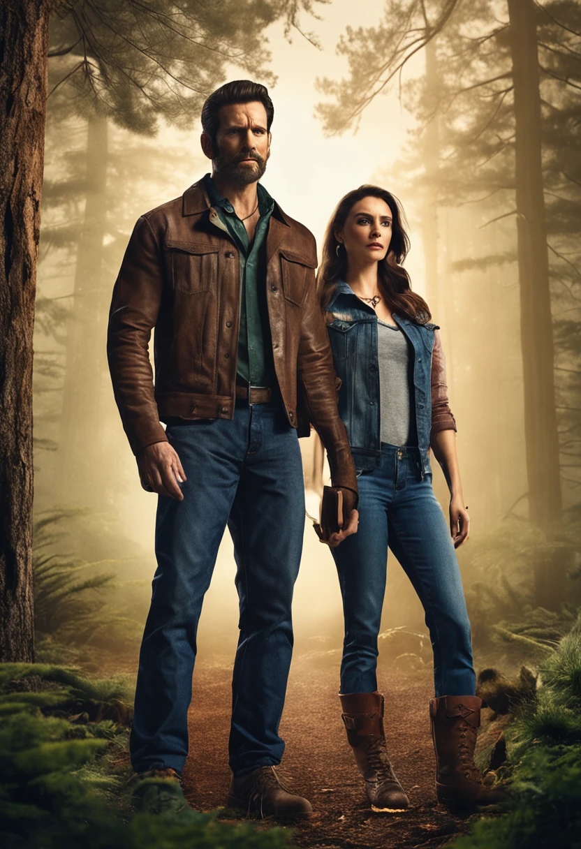 Couple FRONT , ((A man and a woman standing side by side, photorealism, forest, handsome masculine man Henry Cavil, Chris Evans, wearing casual menswear, beautiful woman Norkis Batista with piercing eyes, wearing jewelry beautiful necklace with a blue heart-shaped pendant, Wearing casual clothing boots, jeans and a shirt)), style from the "Lost" series, forest style, two models in the frame. (Fabulous lake bottom lit by a full blood moon surrounded by huge pine trees). (A wolf, cinematic, on mossy ground, mystical, sharp focus, studio photography, intricate details, highly detailed, breathtaking, something that doesn't even exist, mythical being, iridescent and luminescent scales, breathtaking beauty, pure perfection, divine presence, unforgettable, impressive, impressive beauty, volumetric light, auras, rays, vivid colors reflect).
