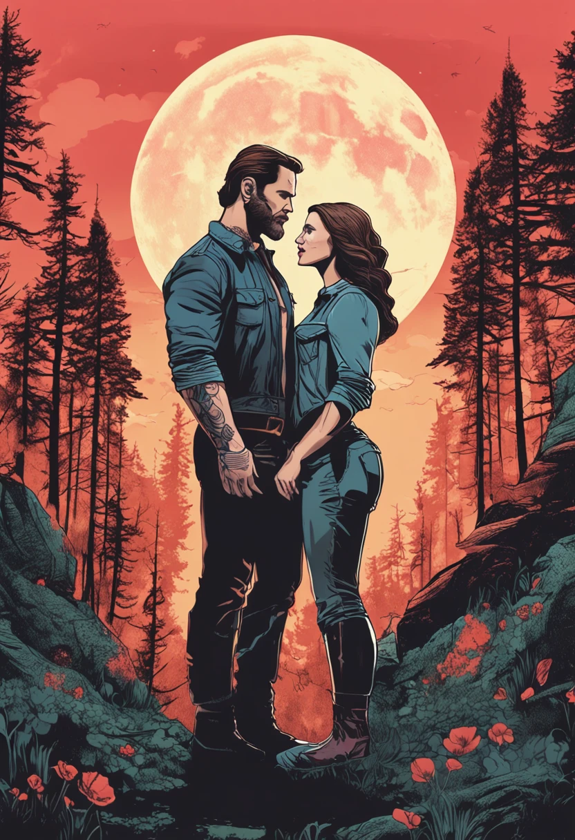 Couple FRONT , ((A man and a woman standing side by side, photorealism, forest, handsome masculine man Henry Cavil, Chris Evans, wearing casual menswear, beautiful woman Norkis Batista with piercing eyes, wearing jewelry beautiful necklace with a blue heart-shaped pendant, Wearing casual clothing boots, jeans and a shirt)), style from the "Lost" series, forest style, two models in the frame. (Fabulous lake bottom lit by a full blood moon surrounded by huge pine trees). (A wolf, cinematic, on mossy ground, mystical, sharp focus, studio photography, intricate details, highly detailed, breathtaking, something that doesn't even exist, mythical being, iridescent and luminescent scales, breathtaking beauty, pure perfection, divine presence, unforgettable, impressive, impressive beauty, volumetric light, auras, rays, vivid colors reflect).