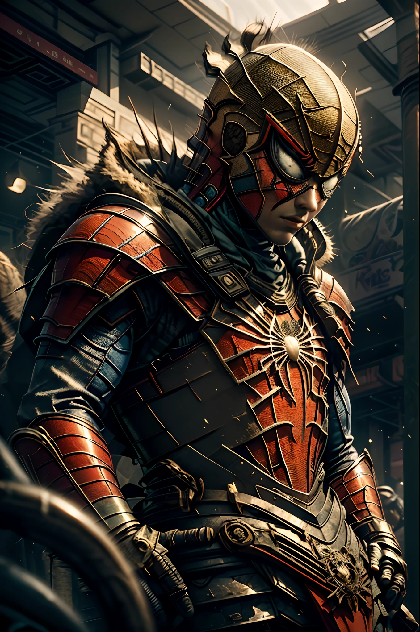 Create a breathtaking masterpiece with stunning ray tracing effects,(Little Spider-Man Boy 4--Old d Covered by Mascascara Epic, cinemactic, Hypperrealismo, HDR,Sem capuz,Expor o rosto,
