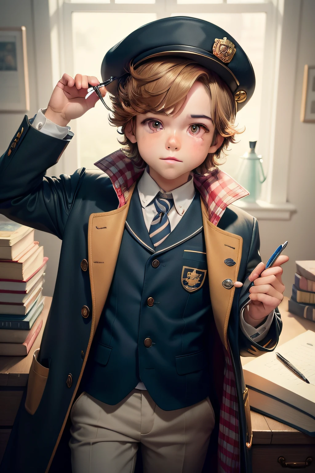 Tommy, a super cute and perfect character for a children's detective character. A boy with big, curious eyes that sparkle with intelligence? He could have messy but endearing brown hair that always sticks out a bit, and a playful smile that lights up his face. To captivate children, we can dress him in a detective outfit, like a coat and a detective hat, but with a touch of whimsy, like adding patches or colorful patterns. Maybe he could have a magnifying glass or a notepad with pencils as detective tools. And of course, we can't forget his faithful companion, a super smart and adorable dog. Let's call him Max. Max can be a cute and playful golden retriever with a detective hat on his head. He may have a knack for sniffing out clues and is always by Tommy's side, supporting him in his detective adventures.