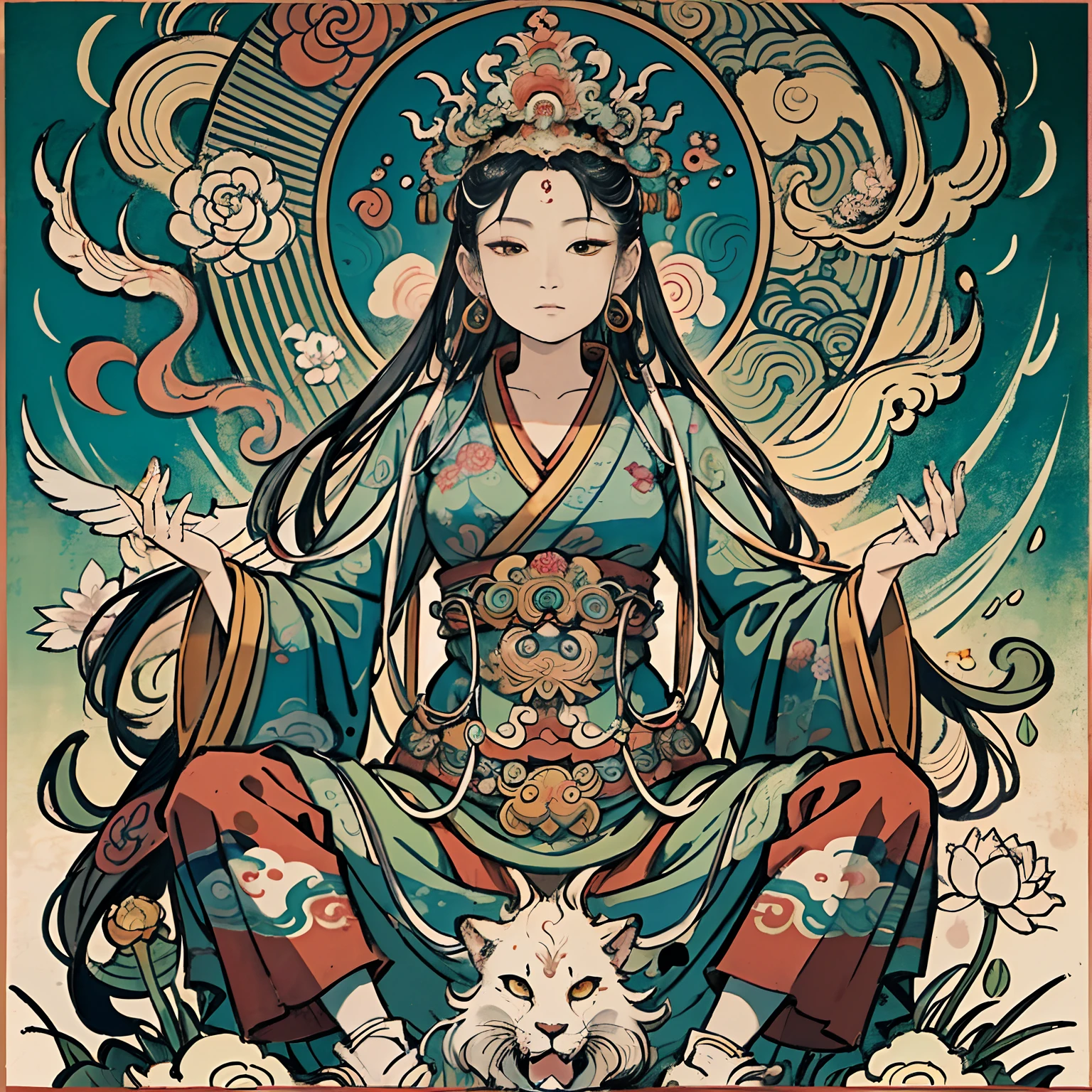 an ancient Chinese goddess, guanyin of the southern seas, Guanyin, Inspired by India, Avalokiteshvara rides a phoenix,,Serene expression,shui mo hua,Buddha,Buddhist,Lotus,Chinese painting style,Thangka style