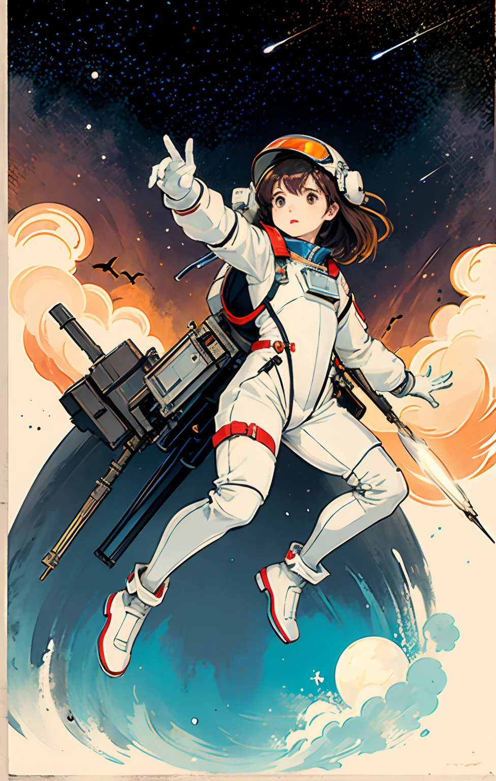 1girl,Bigchest,adolable,美丽细致的眼睛,shinny hair,visible through the hair,Hair between the eyes,DWJposter,sovietposter,Red monochrome,USSR Poster,urss,communism,brunette color hair,red - eyed,Vampires,teens girl,Poor milk,space suit:Orange_clothing_body:jumpsuit ), white_gloves, white_space shoes, white_helmet, DWJ red letter on the top of the helmet, in weightlessness, Side light, reflection, The person in the spacesuit is in the lower left of the picture,The right hand is outstretched,The right hand gently touches the Salyut space station),Space station in the upper right corner of the screen,The sun reflects light,Silver metal,red flags,luster,style of the USSR,diffused reflections,metalictexture,The vista is the blue earth,in mecha style,star ocean,high key,Homem-Imponente