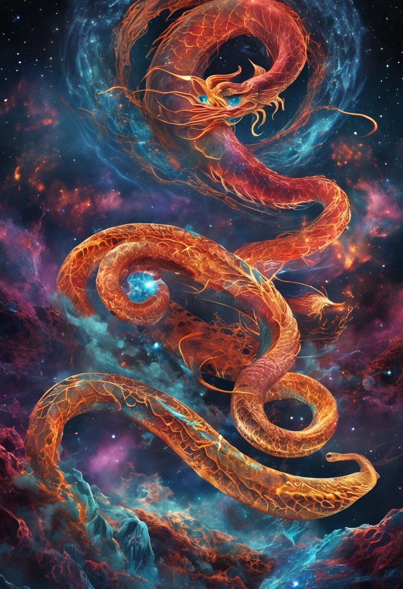 In a dimension where stars collide, the legendary Orochi serpent emerges as an embodiment of celestial fury. Its body is a symphony of radiant colors, mirroring the birth of stars. Its eyes blaze with cosmic fire, and tendrils of energy arc around its form like ethereal lightning. The serpent's presence commands both awe and fear, as it harnesses the power of the cosmos itself, Amidst a cosmic maelstrom, where galaxies spiral and stars explode, the serpent reigns supreme, Epic, cataclysmic, and transcendent, evoking the power of celestial forces.Style: Ultra-realistic digital painting with intricate details and a dynamic interplay of colors.Execution: Rendered in a hyper-realistic style, using advanced digital techniques to capture the complex interstellar environment and the serpent's celestial energy