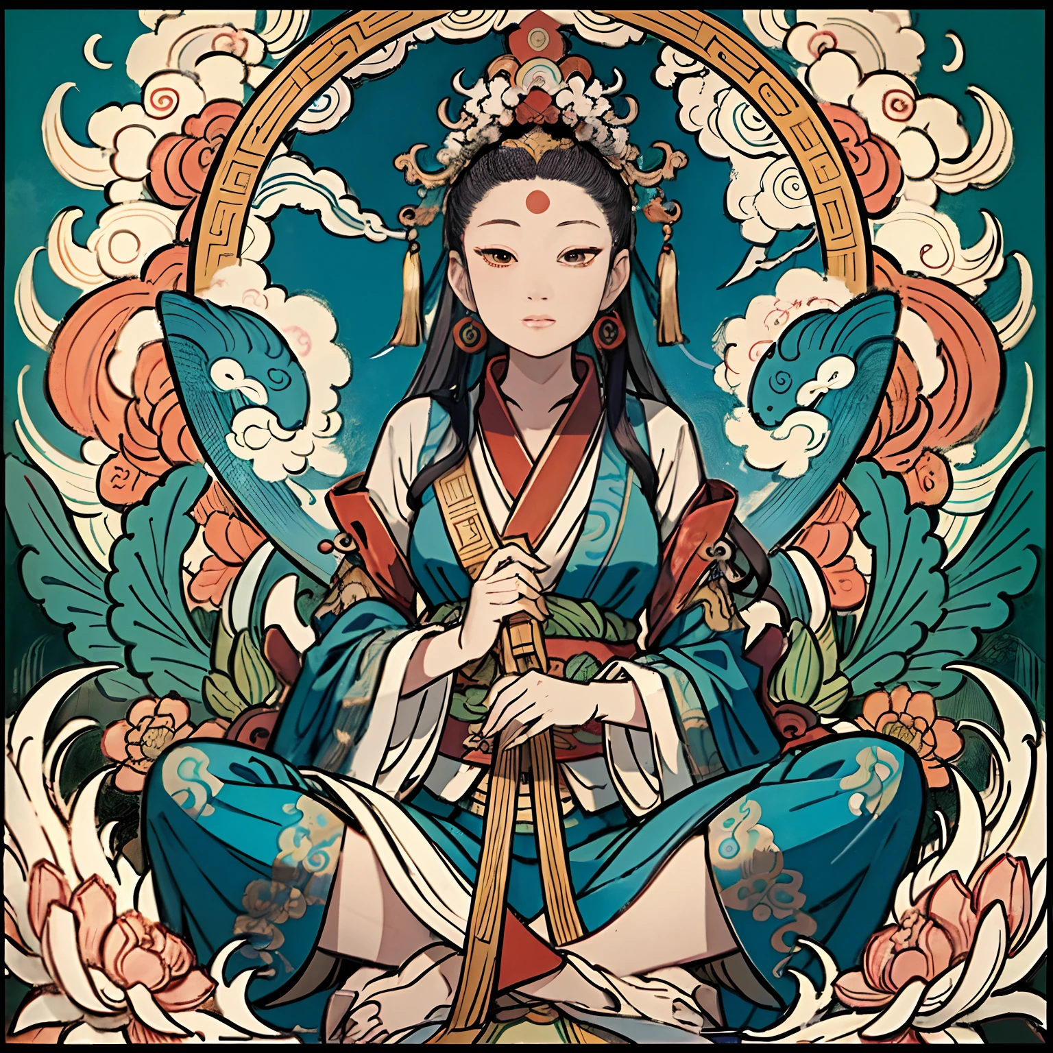 an ancient Chinese goddess, guanyin of the southern seas, Guanyin, Inspired by India, Avalokiteshvara rides a phoenix,,Serene expression,shui mo hua,Buddha,Buddhist,Lotus,Chinese painting style,Thangka style