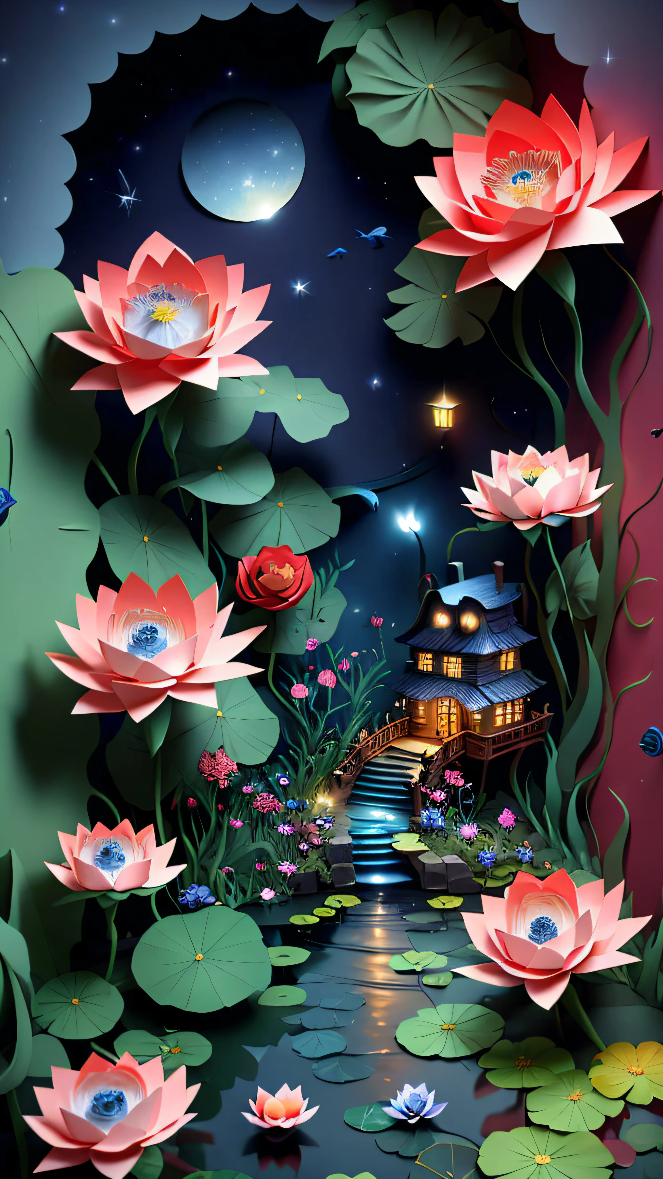 No Man,Secret garden, (Rose flower),Strange tree house,stairways,A winding bluestone road,(waterfallr),(small stream),lotuses,water lilies,Rose bushes,Lush big breasts, Floral, Rose, butterflys,glowworm,a plant, romanticism lain, Moody, Skysky,Starcloud,nigh sky,As estrelas,rays of moonlight,
, Paper_cut
