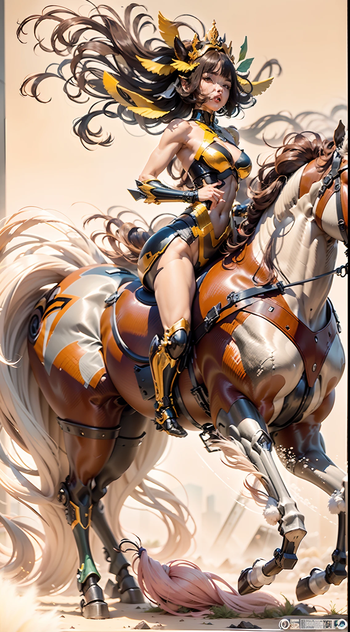 A female centaur，She is famous in the multiverse，She is both a female centaur, half human, half horse, half horse，It is also a female Yingzhao。She blends both images，The first is：（（The head of the horse/neck/Shoulder these parts，Replaced with a beautiful female human upper body）：9.9），of females are half-centaurs, half-horses, half-humans，The second is：（（The head of the horse/neck/lower back/hason/gluteal/Shijo Thigh Female Embodiment）：9.9），'s（（Female half-horse with beautiful woman's）：9.9，Chimer）：9.9），（It's like a female human wearing a half-horse-like costume and making a seamless chimera：9.9），This chimerization is based on powerful futuristic technology。The ultra-wide-angle lens captures the image of her beautiful and ethereal wings on the ionosphere launching a super-high-speed charge and leaping。Her front half is distinctly feminine，Tall sexy body，possessed（K cup giant coconut tit chest：9.9），It has a small man's waist butterfly straddling（Long legs：9.9），The embedded interface of the half-horse part of the bent feminine state of the back half of the body is in the hip position。（The horse-shaped, half-horse torso form of her back body is completely female humanization9.9）。The chest cavity of a woman in the shape of a bent dog style embedded in the lower back position of the beautiful woman's body starting from the upper part of the sternum/lower back/Ventral transverse。Then there are the sexy beauty's upright hips，（Her entire body has been completely female and replaced by a female body：9.9），Including the half-horse part。Mechanized armor covers the legs with knee-shaped anti-joints and feet，And these parts are highly anthropomorphic，This makes her legs graceful and slender，Her four horse legs exploded in length proportions and was slender and toned，Under the legs are skinny white feet dressed in Skyscraper Heels，Use Midjourney's advanced stroke tools and color palettes, as well as texture packs, model packs, and texture tools，Concentration，Include all parts of her