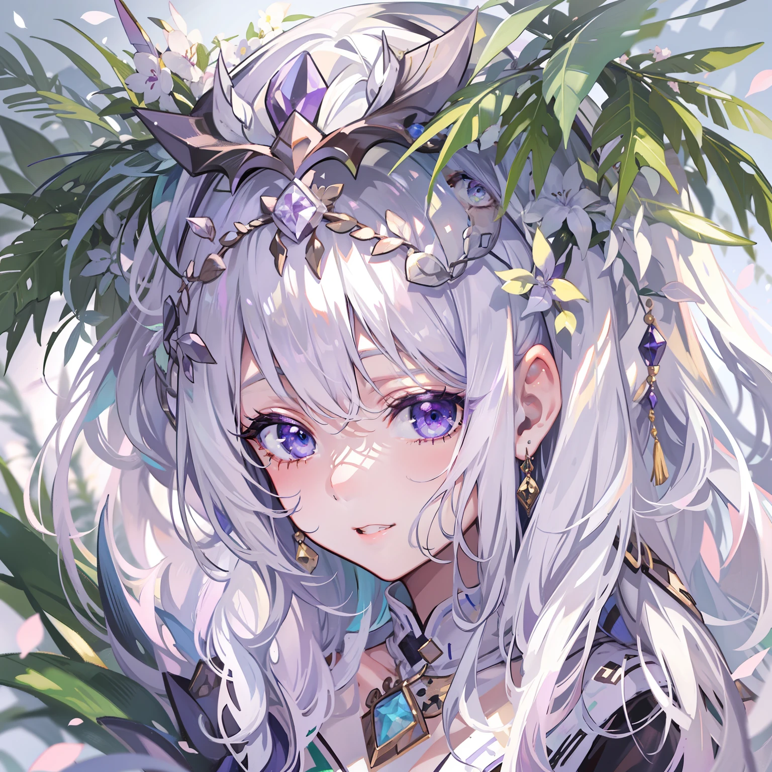 tmasterpiece,Best quality at best,A girl,Pine leaves have white and green hair,Purple pick dye,Smoky eyes,Eyes with a purple-white gradient,diadems,Colorful headdress
