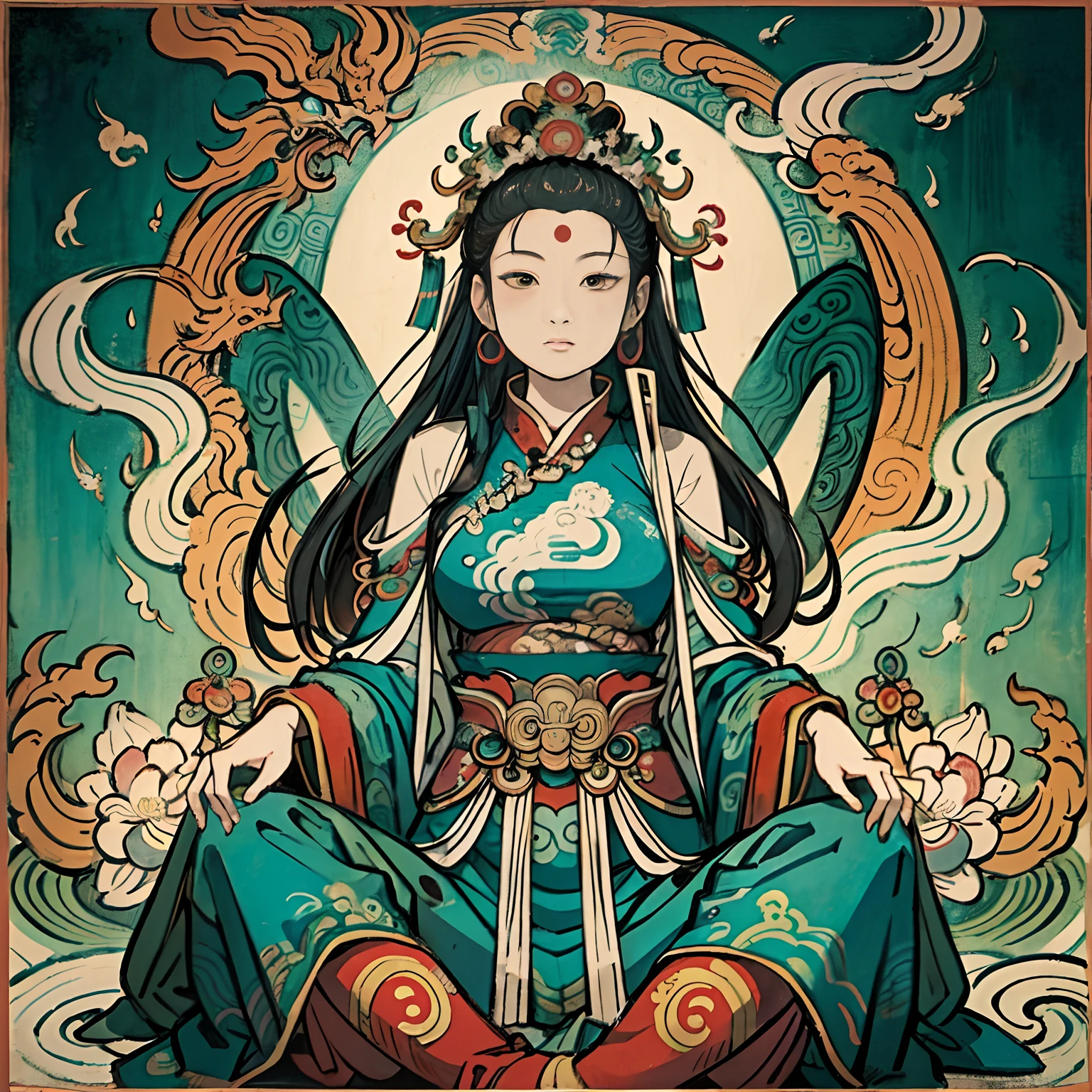 an ancient Chinese goddess, guanyin of the southern seas, Guanyin, Inspired by India, Avalokiteshvara rides a dragon,,Serene expression,shui mo hua,Buddha,Buddhist,Lotus,Chinese painting style,Thangka style