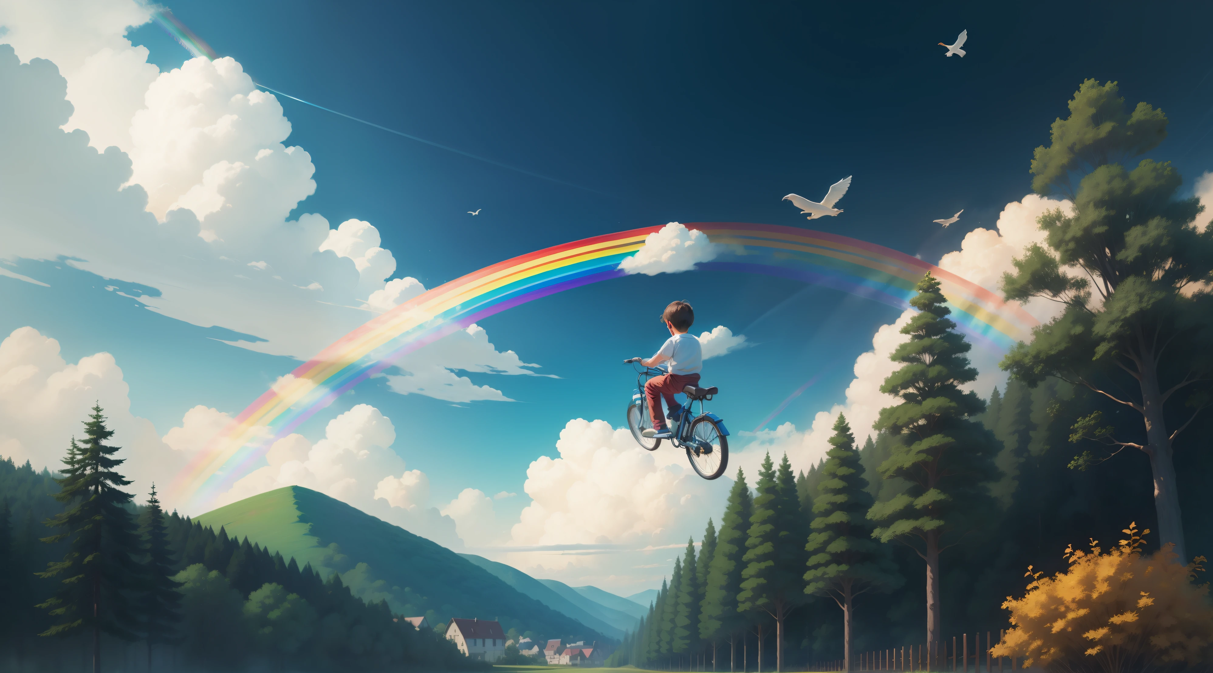 The ground is bushes and houses, boy holding a brush and paint tray,Draw a rainbow in the sky