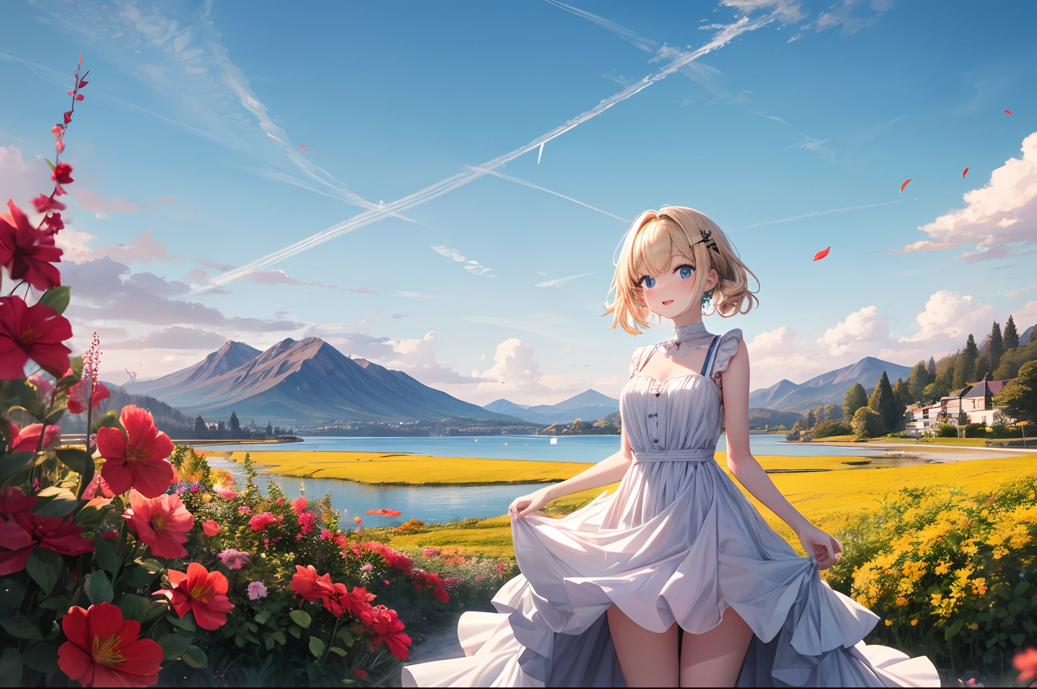 absurderes, (独奏:1.5,)ultra-detailliert,bright colour, extremely beautiful detailed anime face and eyes, view straight on, ;D, shiny_skin,25 years old, Short hair, , asymmetrical bangs, Blonde hair with short twin tails, Shiny hair, Delicate beautiful face, red blush、(Blue eyes), White skin, hair clips, earrings, Beautiful skyline,magnificent sky,beautiful and delicate eyes,Cute Girly,Perfect slim body,shift dresses,Pure eyes,The skin is smooth like a ,Stand on a high mountain and look at the sky,lakes,Colorful flowers and plants