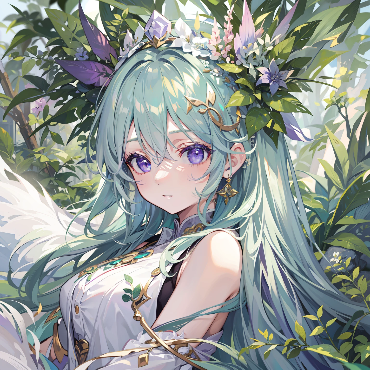 A goddess of love in her small garden, She is surrounded by beautiful flowers, Little angels and fairies accompany her. Su mirada revisa la dulzura, Se viste de forma luminosa y vaporosa. Su cuerpo es esbelto y espectacular. ((pechos grandes)) (cuerpo fitness)