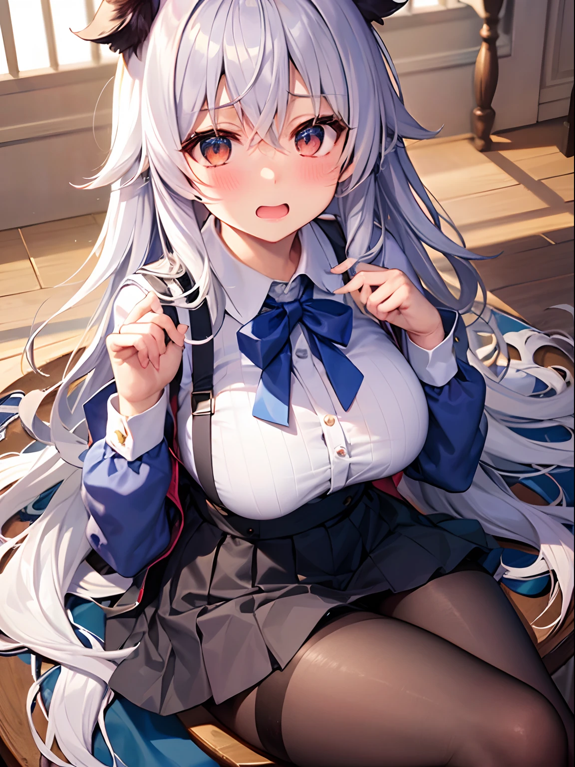 Best Quality, ultra-detailliert, Illustration, silber hair, Aimei,,embarrassed from，red blush，scratching your head，The long-haired，cute  face，beutiful breast，turned around，Suspender Skirt，long-sleeve，Dark blue skirt，neck tie，Close，Angle to show off breasts，look up to，finely detail、a chair，Sit up，tights，thighs thighs thighs thighs，despise