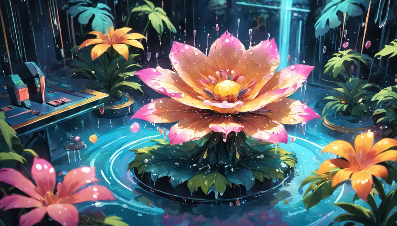 Retro arcade style a fluid big translucent jungle flower made of water is blooming, water drop on petals,after the rain, macro photo, Abstract photography, Astrophotography Lens (50mm), aerial photograph, super-detailed, (masterpiece,best quality:1.5) 6|HD, high fidelity, HDR . 8-bit, pixelated, vibrant, classic video game, old school gaming, reminiscent of 80s and 90s arcade games, (wide viewing angle)