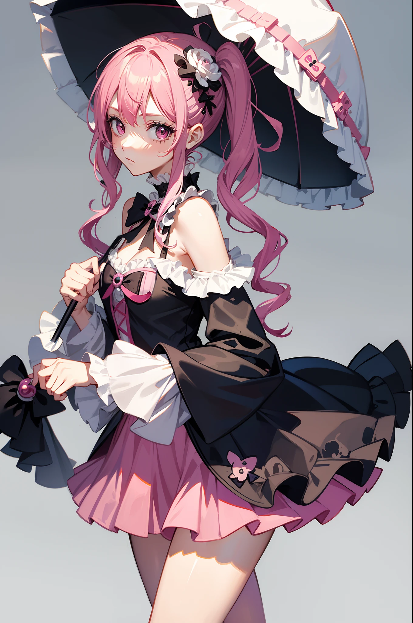 one piece perona, ghost, holding a cute umbrella, pink gothic outfit, hair tied into two pigtails with black and white flower hairpins, showing off