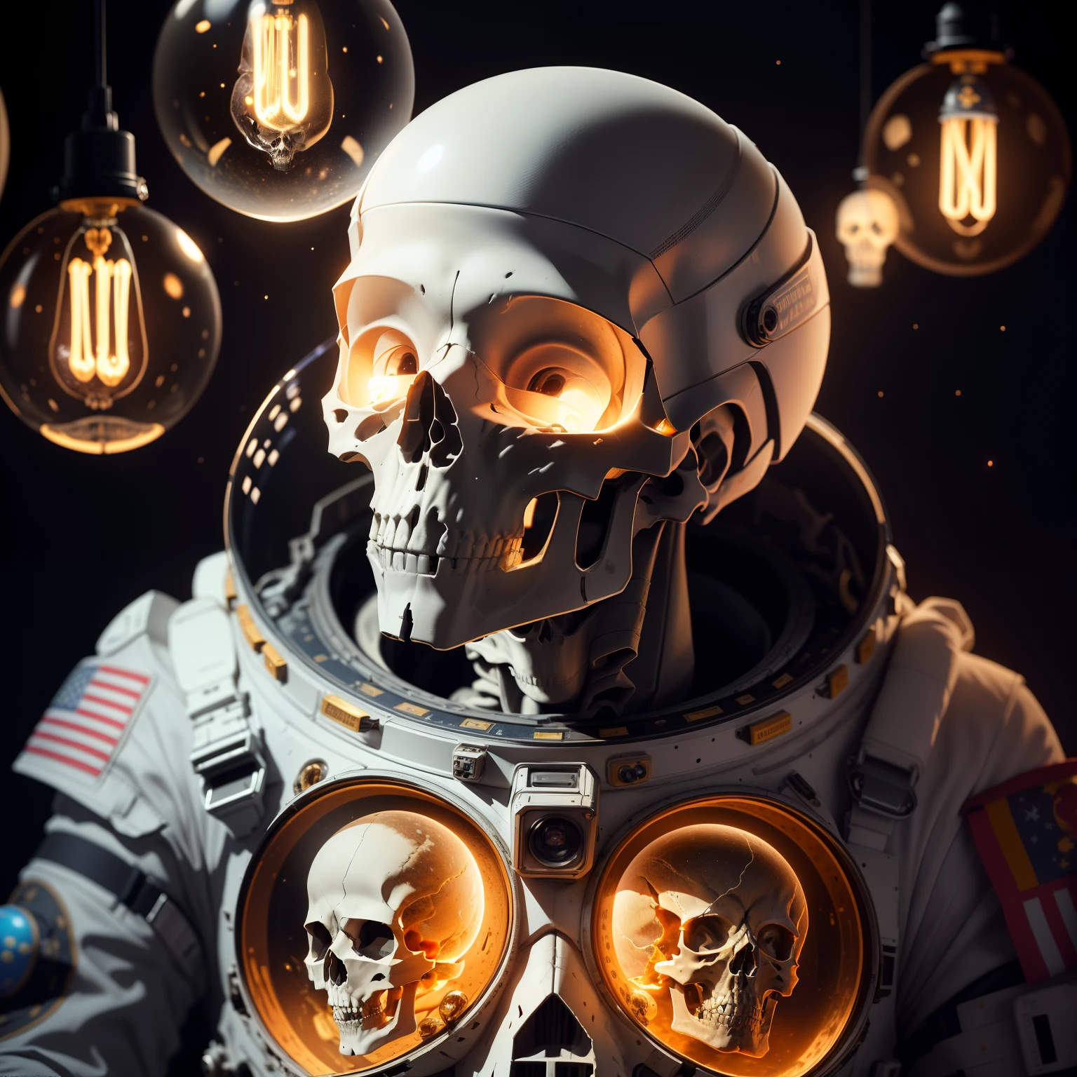 absurderes, Intricate details, Masterpiece, Best quality, high resolution, 8K, (Skeleton in astronaut spacesuit:1.2), (skull:1.3), (Broken helmet:1.4), (Colored bulbs:1.3), Spacesuit, Lunar surface, craters, Black sky, stars, Shoot on camera Canon 1DX, 50 mm f/2.8lens, primitive, author:Paul Zizka