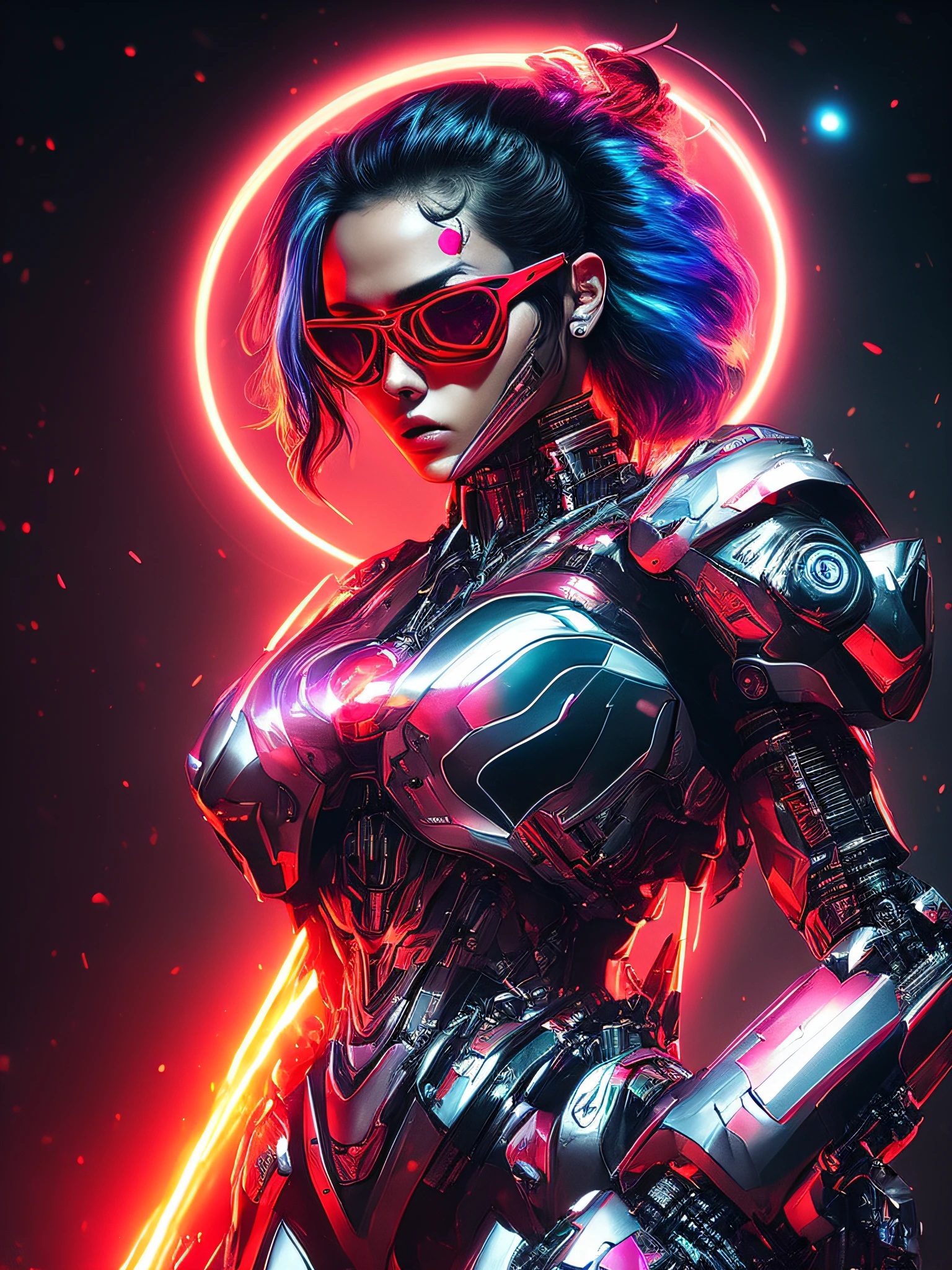 Crie uma imagem hipnotizante com um modelo feminino de guerreira mecha wwb latina, corpo inteiro adornado com tatuagens modernas estilo linhas, corpo totalmente exposto, wear only sunglasses and nothing else, Modern short white hair and rainbow, lindo texured tamanho duplo peito exposto. His arms are transformed into giants, stronger laser cannons aimed at the viewer, exuding a sensual and powerful presence in this futuristic scene, inspirado no estilo de Annie Leibovitz, combines neon lighting, dynamic pose, e uma lente Canon de 35mm f/2.8 para profundidade. Detalhes hiper-realistas destacam tatuagens, sun glasses, and mechanics. The combination of human and machine embodies harmony and intrigue. neon red colored circle glowing on background, silhueta marcada, sombras projetadas, Composition of night scenes. anatomia perfeita, Composition Art Poster. Closeup