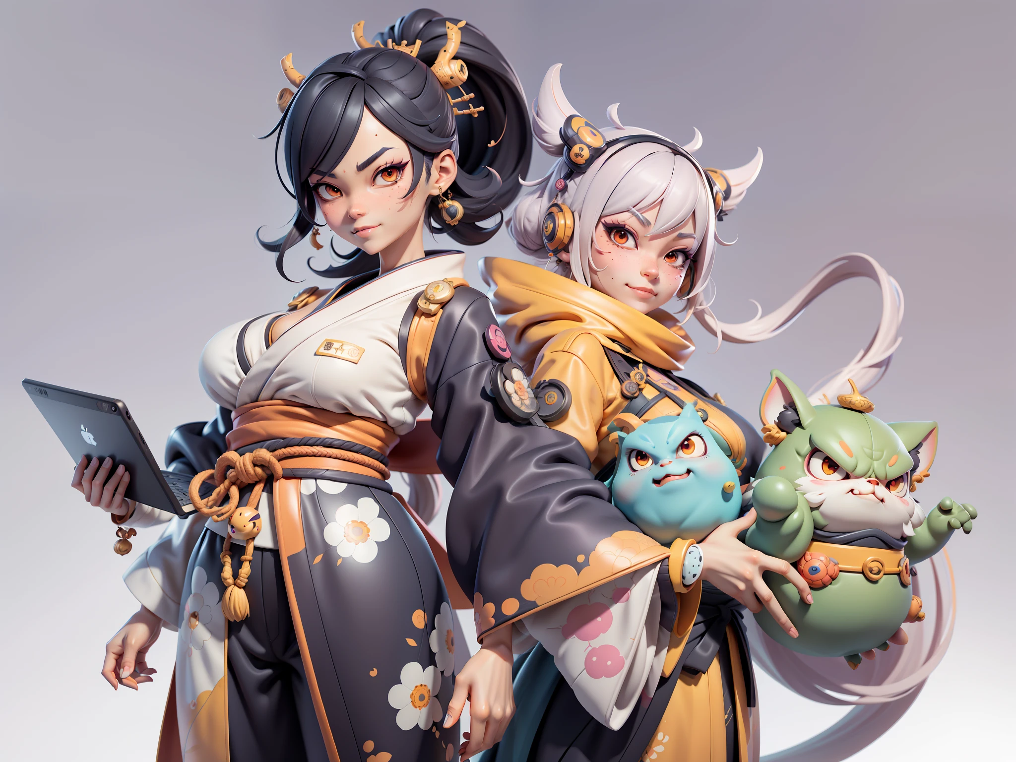 (Daisaku),(Need),(Super meticulous),(full bodyesbian:1.2),Japanese ukiyo-e girl,japanese geisha,Beautiful,Oriental dragon,Aeolian Thor,Raised sexy,爆乳,Oriental face,TV Anchor,Bust portrait illustration,Alone,In black suit,a blue tie,The face is slightly chubby,The face was clean,without a beard,Black super short hair,Black eyes,Smile confidently,3C computer sub-products,iPad, iphone,Digital painting,3D character design by Mark Clairen and Pixar and Hayao Miyazaki and Akira Toriyama,The illustration is a high-definition illustration in 4K resolution,With very detailed facial features and cartoon-style visuals。