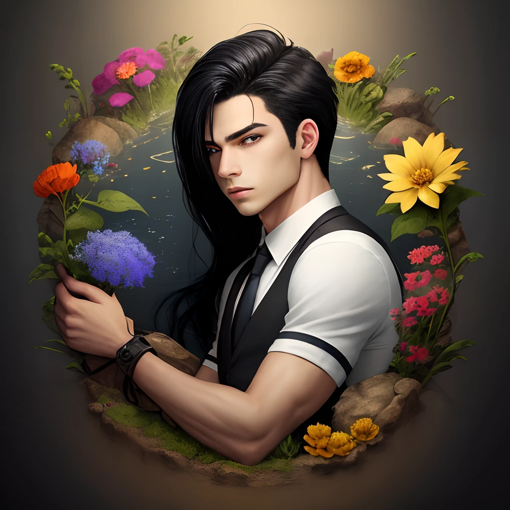 A young man who can't tell if it's a man or a woman，The hair is black，Just a handful can be tied up in the back of the head，One eye is golden，Blue flowers grow in the other eye，Cover the outline of this eye，You can only see the golden eye，The eye that grows flowers，Drainage of black liquid，It's a little scary