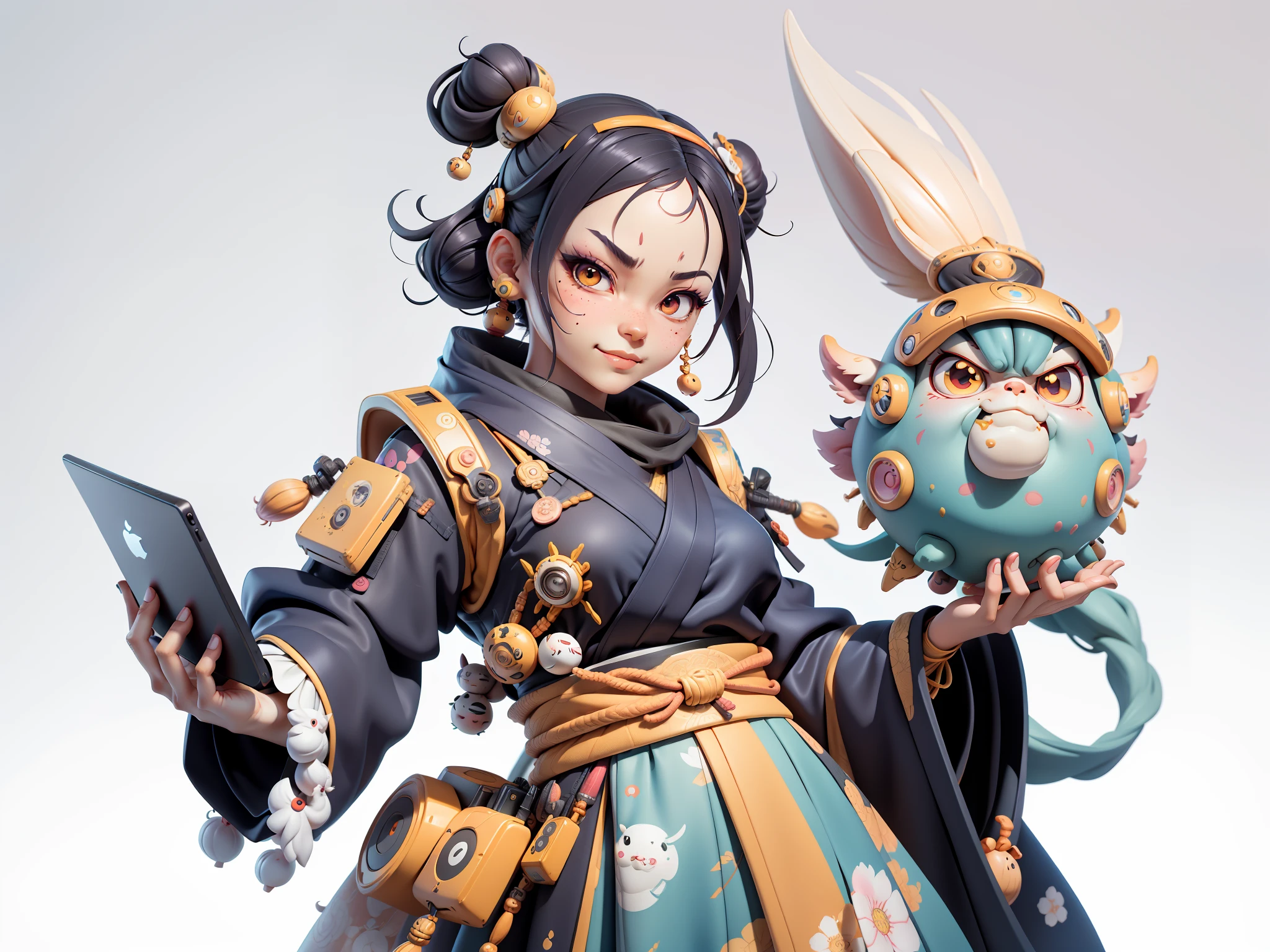(Daisaku),(Need),(Super meticulous),(full bodyesbian:1.2),Japanese ukiyo-e girl,japanese geisha,Beautiful,Oriental dragon,Aeolian Thor,Raised sexy,爆乳,Oriental face,TV Anchor,Bust portrait illustration,Alone,In black suit,a blue tie,The face is slightly chubby,The face was clean,without a beard,Black super short hair,Black eyes,Smile confidently,3C computer sub-products,iPad, iphone,Digital painting,3D character design by Mark Clairen and Pixar and Hayao Miyazaki and Akira Toriyama,The illustration is a high-definition illustration in 4K resolution,With very detailed facial features and cartoon-style visuals。