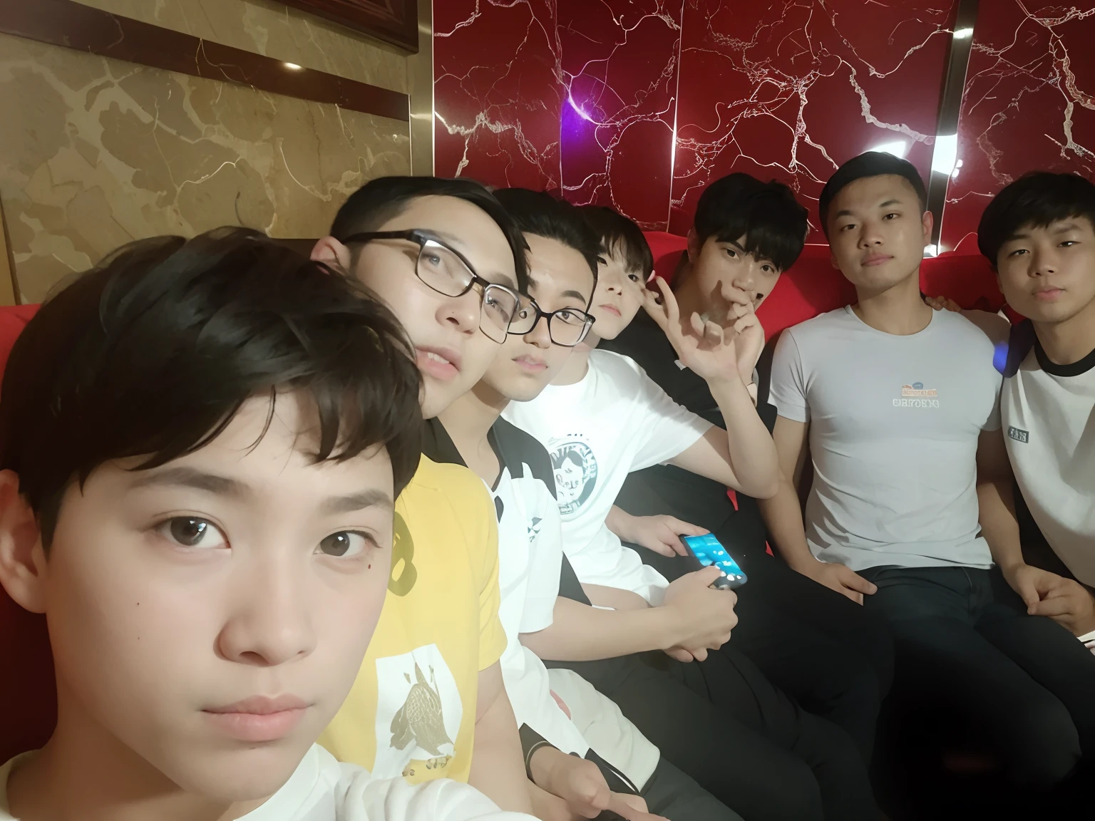 Several young boys sat on the sofa,With the remote control in hand, profile picture 1024px, photograph taken in 2 0 2 0, very very low quality picture, taken in the early 2020s, Group photo, taken in night club, dang my linh, candid shot, SSAO 8 K, personal profile picture, blurry image, old picture