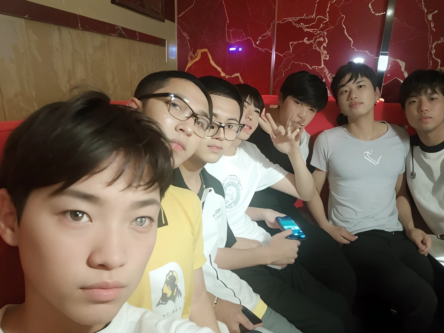 Several young boys sat on the sofa,With the remote control in hand, profile picture 1024px, photograph taken in 2 0 2 0, very very low quality picture, taken in the early 2020s, Group photo, taken in night club, dang my linh, candid shot, SSAO 8 K, personal profile picture, blurry image, old picture