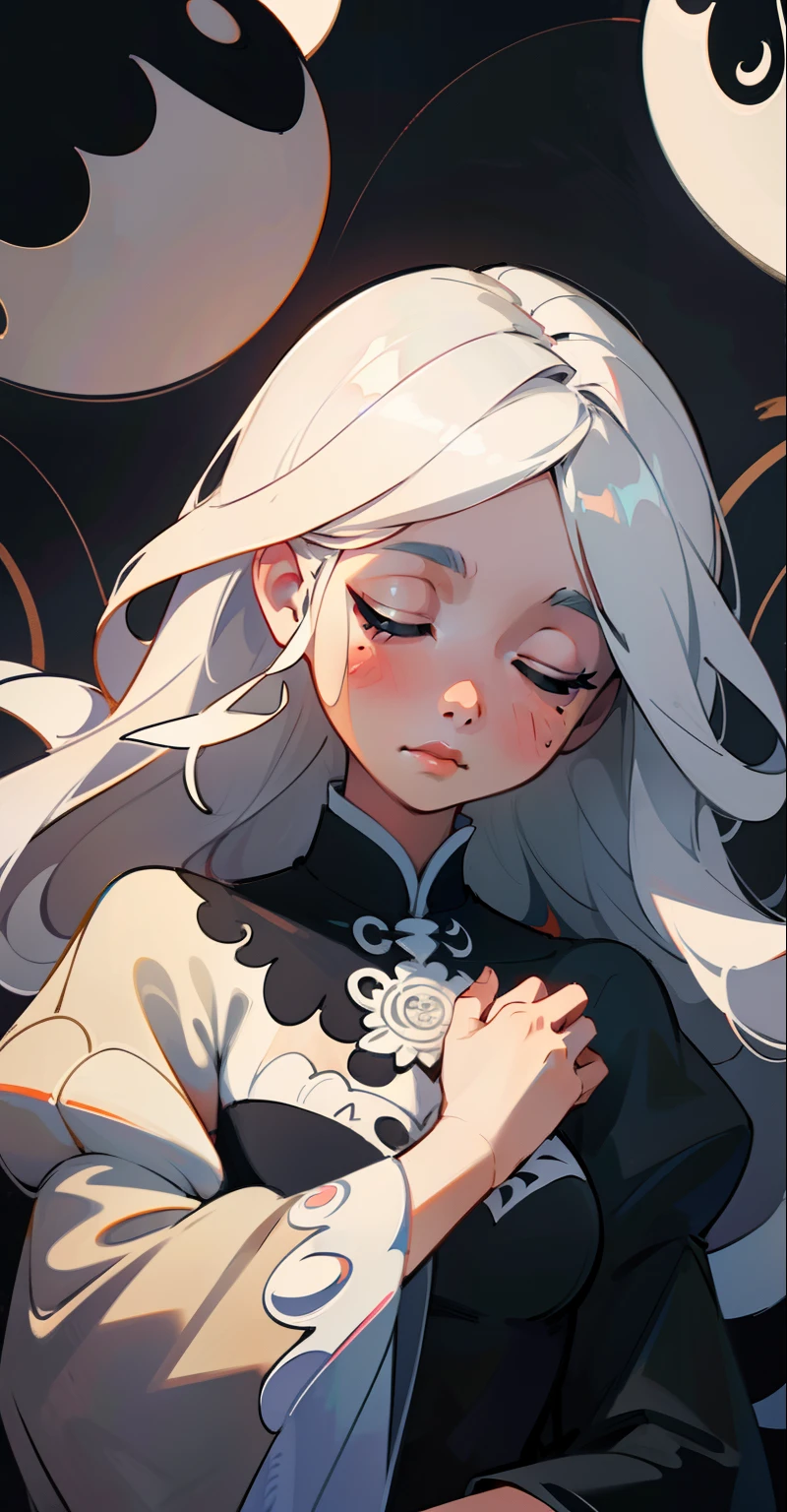 (8k, RAW Photo, Best Quality, Masterpiece: 1.2), (Extremely Detailed CG, Ultra Detailed, Best Shadow: 1.1), 1girl, Ground, Upper Body, Paint, Drawing, Paper Texture, Ultra High Resolution, ((extremely detailed face)), flat color, limited palette, low contrast, mature women, best lighting, sweater, sleeping, sleeping beauty, closing eyes, black eyeliner, a girl falling through the air, clouds, hair in the wind, mouth closed, white hair , white:1.6, (zentangle, mandala, tangle, tangle:1),
  INFO