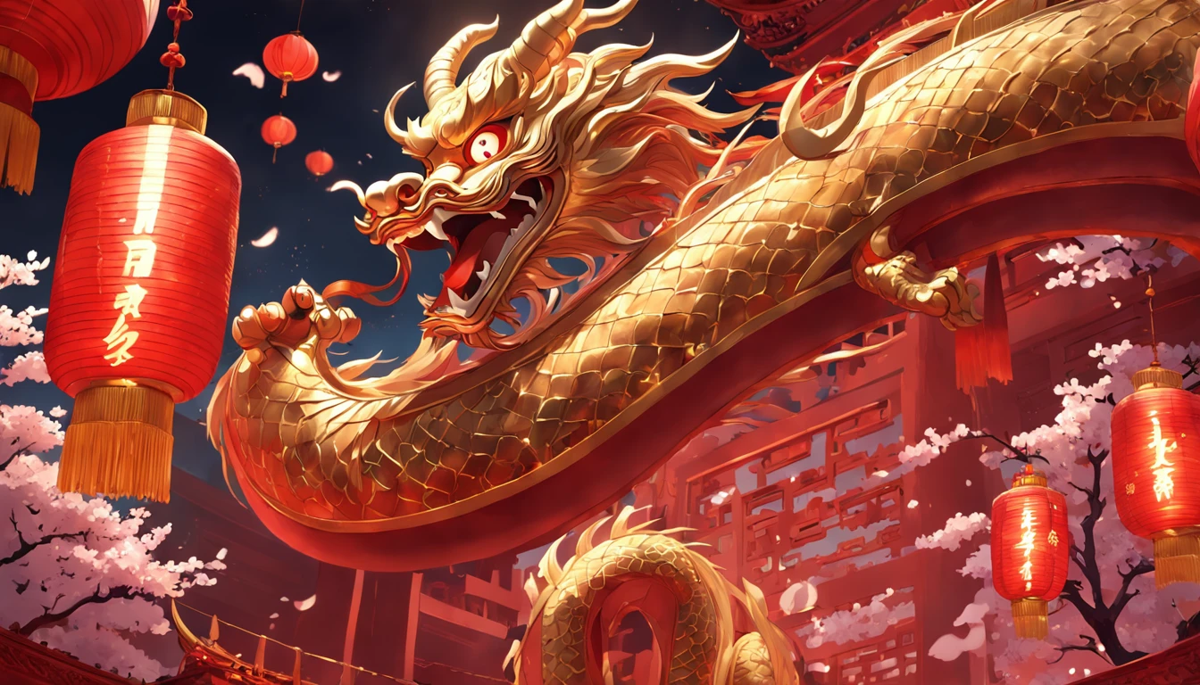 gold china dragon, lunar new year, spring flower, red lantern, red background, highest quality, Full HD, close-up, 2023, 3d