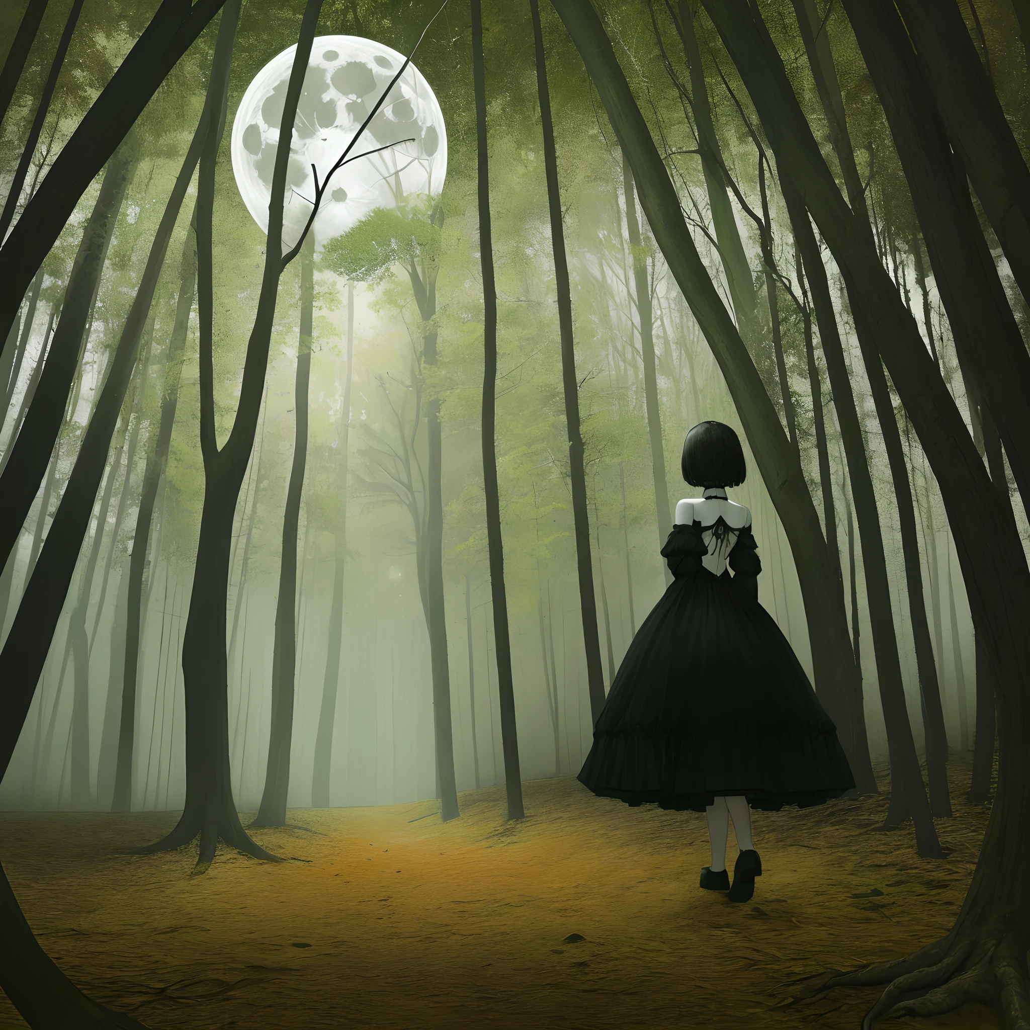 1 Girl with short black hair, pale gray skin in an orange dress in the woods struggling to walk. The camera is behind her Dutch tilt angle, camera is tilted, we see her back. Big scary bended trees gothic trees bended branches warped twisted scenery, painted, oil painting style, gothic art, scary art, horror, sad, depressing, ugly scenery
 spooky, mystical energy in the air, (night:1.5), full moon