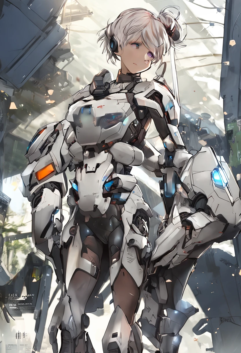 ((best qualtiy)), ((tmasterpiece)), ((Realistis)), (A detailed), (realisticlying:1.5), A futuristic girl, (Thick stature), (white straitjacket), In the picture, a beautiful girl with short hair with white messy hair appears,s delicate face,Wearing a steam mech,The mecha on the body is in a state of battle damage,The mech on his body was smashed to pieces,A large area of mecha on his body was shattered,The girl's body was revealed, HDR, Ray traching, NVIDIA RTX, Hyper-Resolution, Unreal 5, sub surface scattering, PBR textures, Post-processing, Anisotropic filtering, depth of fields, Maximum clarity and sharpness, trichotomy,8K original,(Luminous Particle:1.4),(VerydetailedCG,Unity 8k壁纸,3D,cinmatic lighting,lens flare glow),Reflectors,Sharp focus,