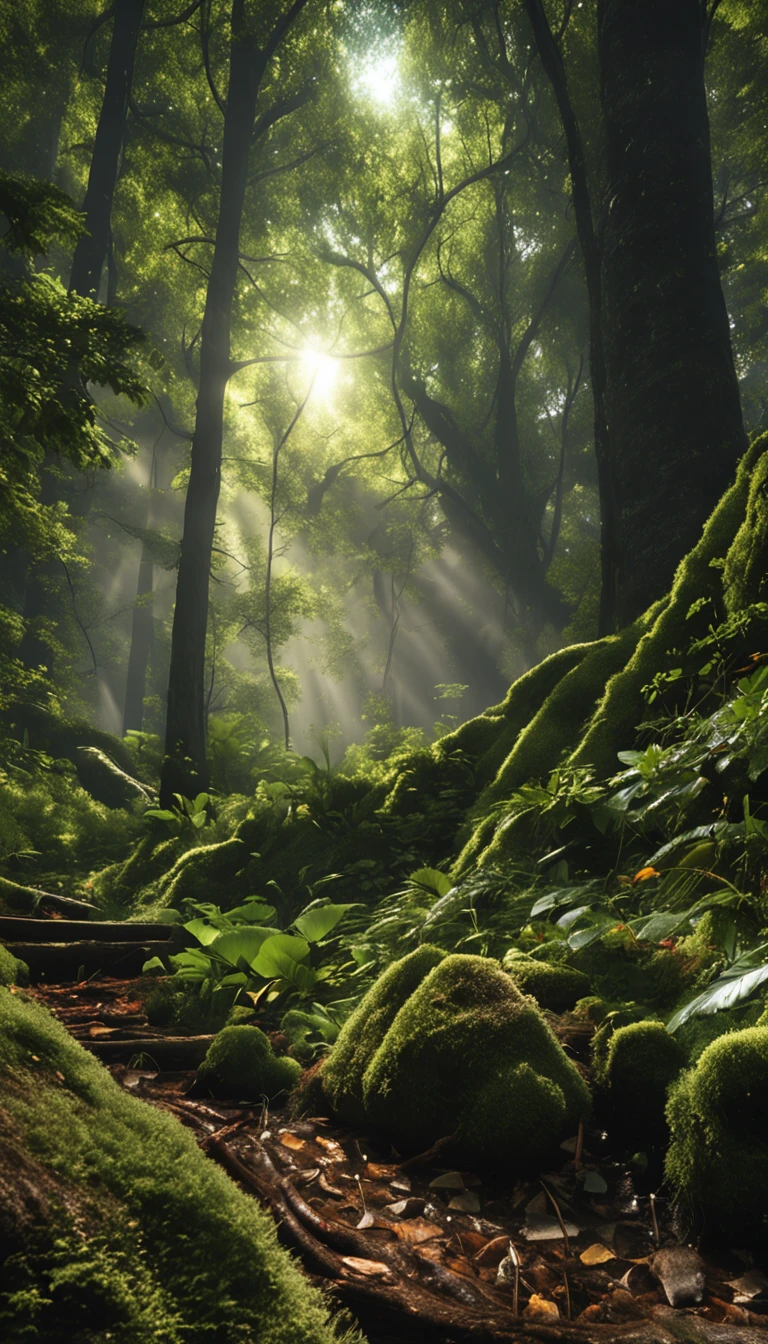 (lush forest:1.2, frontal lighting:1.2, dynamic low-angle view:1.2, high level of detail:1.2)