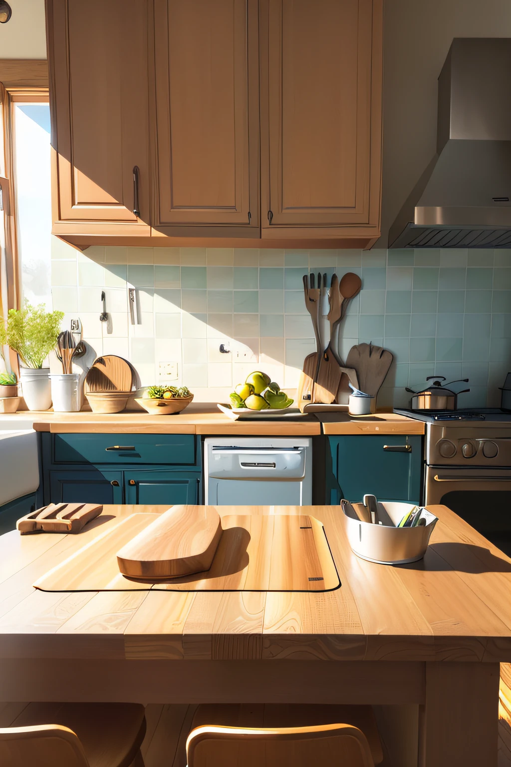 There are cutting boards on the kitchen counter，Cooking tools next to it， house kitchen on a sunny day, old kitchen backdrop angled view