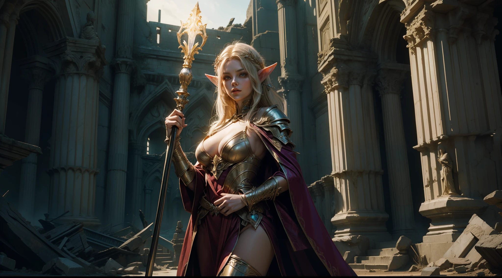 Female elf，Large breasts，magnificent robe，Glowing scepter，dramatics，dynamicposes，The background is a ruin，（Mid-range portrait：1.3）