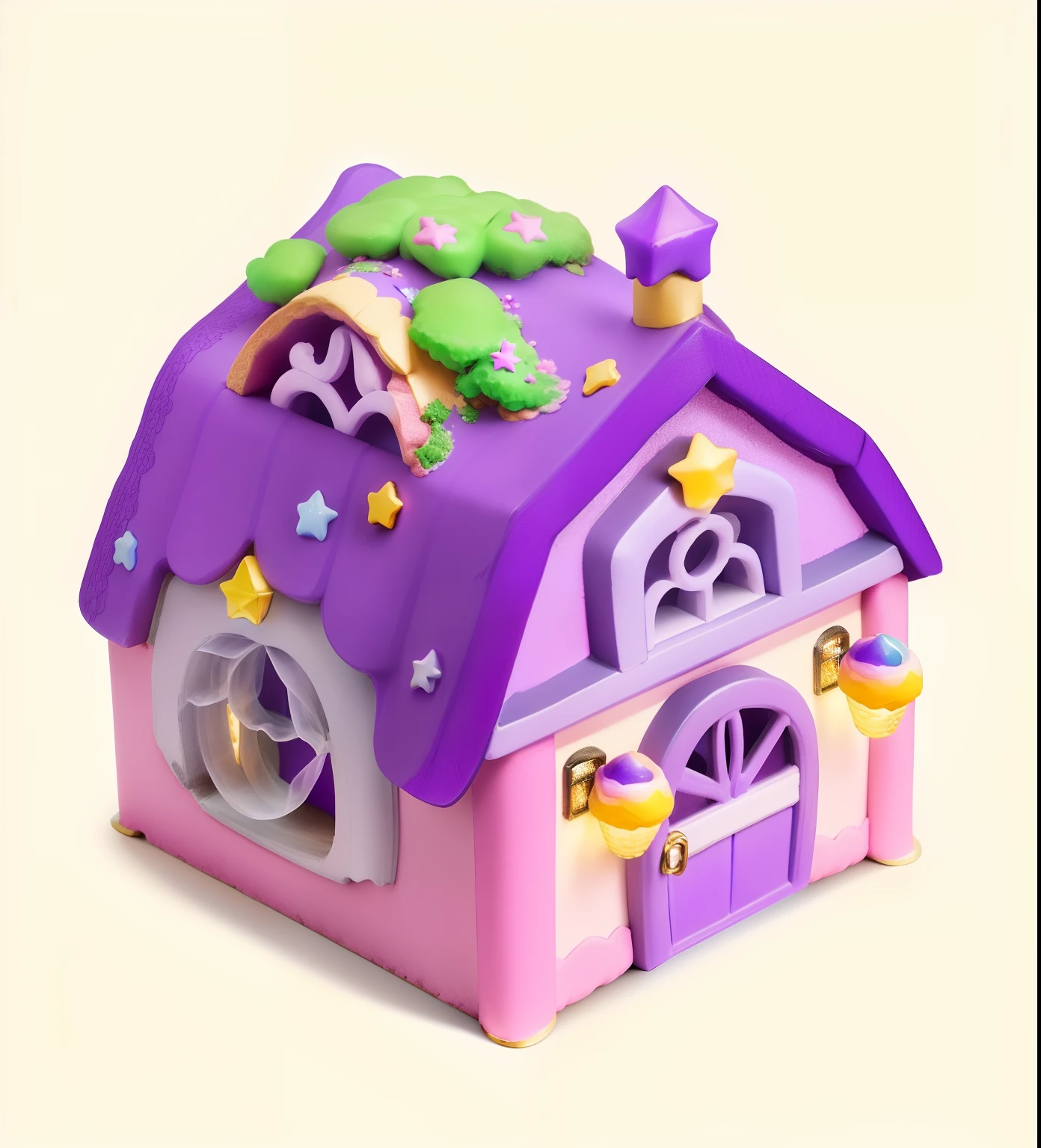 Purple and pink house,There are stars and moons on it, in a candy land style house, Isometric 3d fantasy cute house, star hatcheries, doll house, fairy palace, my home, fantasy house, star roof, Witch's cottage, rounded house and cute character, flowery cottage, designed for cozy aesthetics!, little cottage, inside a magical item shop