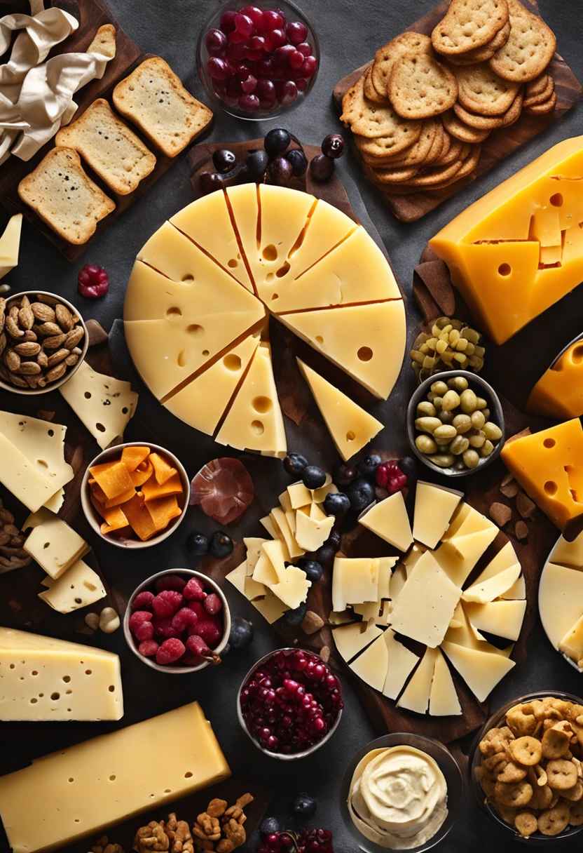 A top-down view of a cheese board, with a variety of cheeses and accompaniments arranged in a colorful mosaic.