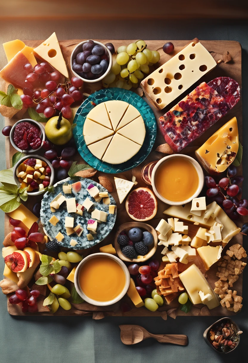 A top-down view of a cheese board, with a variety of cheeses and accompaniments arranged in a colorful mosaic.