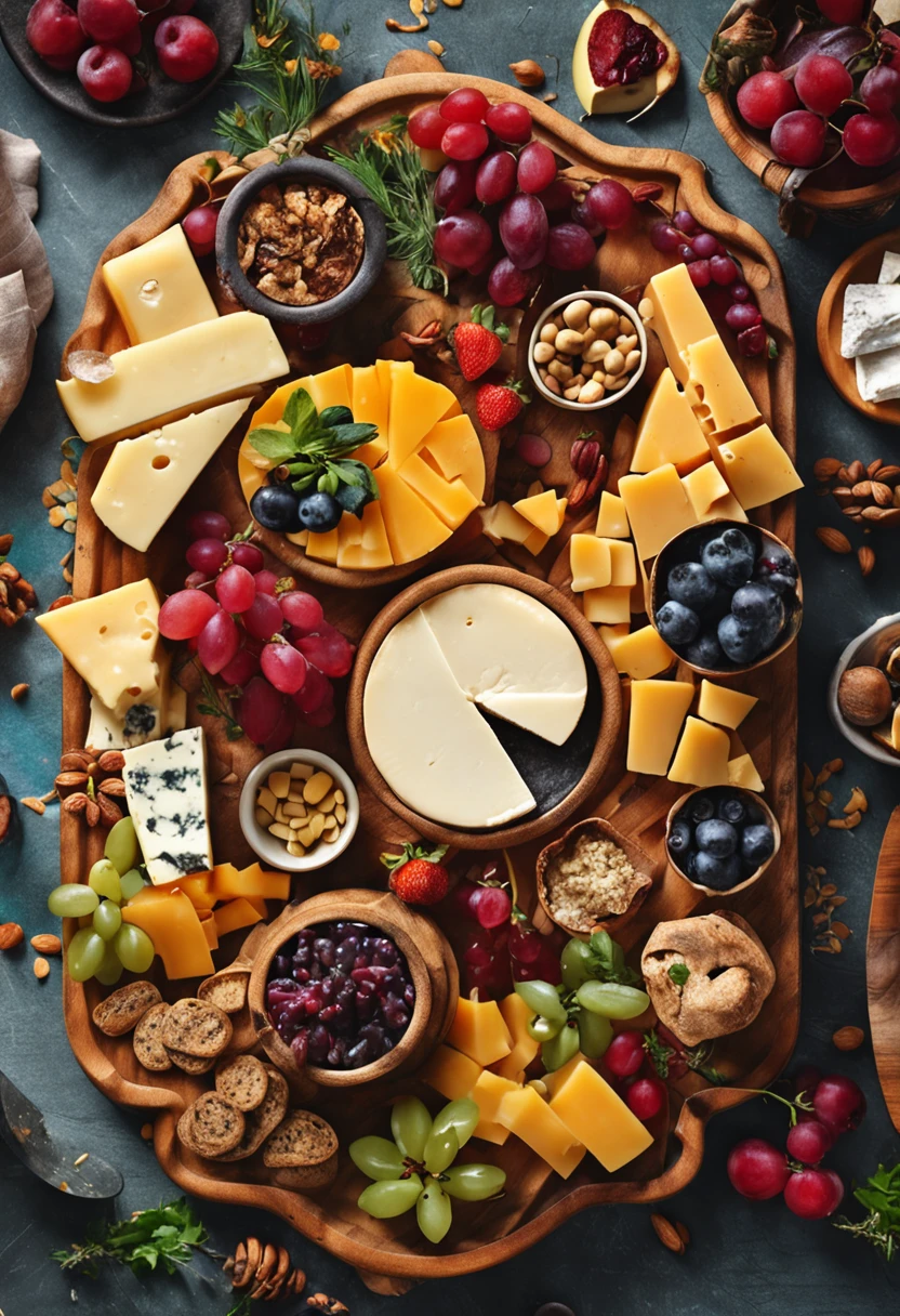 A top-down view of a cheese board, with a variety of cheeses and accompaniments arranged in a colorful mosaic.