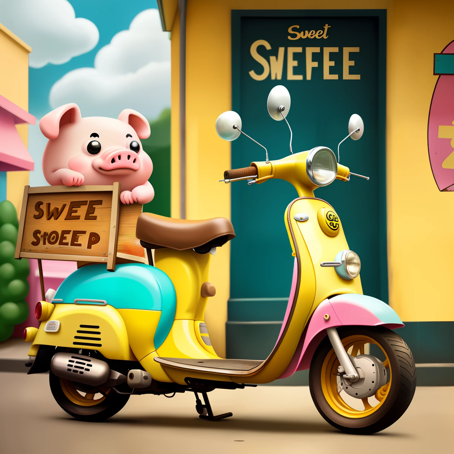 Cute cartoon big-headed pig yellow retro scooter in front of the store There is a sign called Five Sweet Shop on it