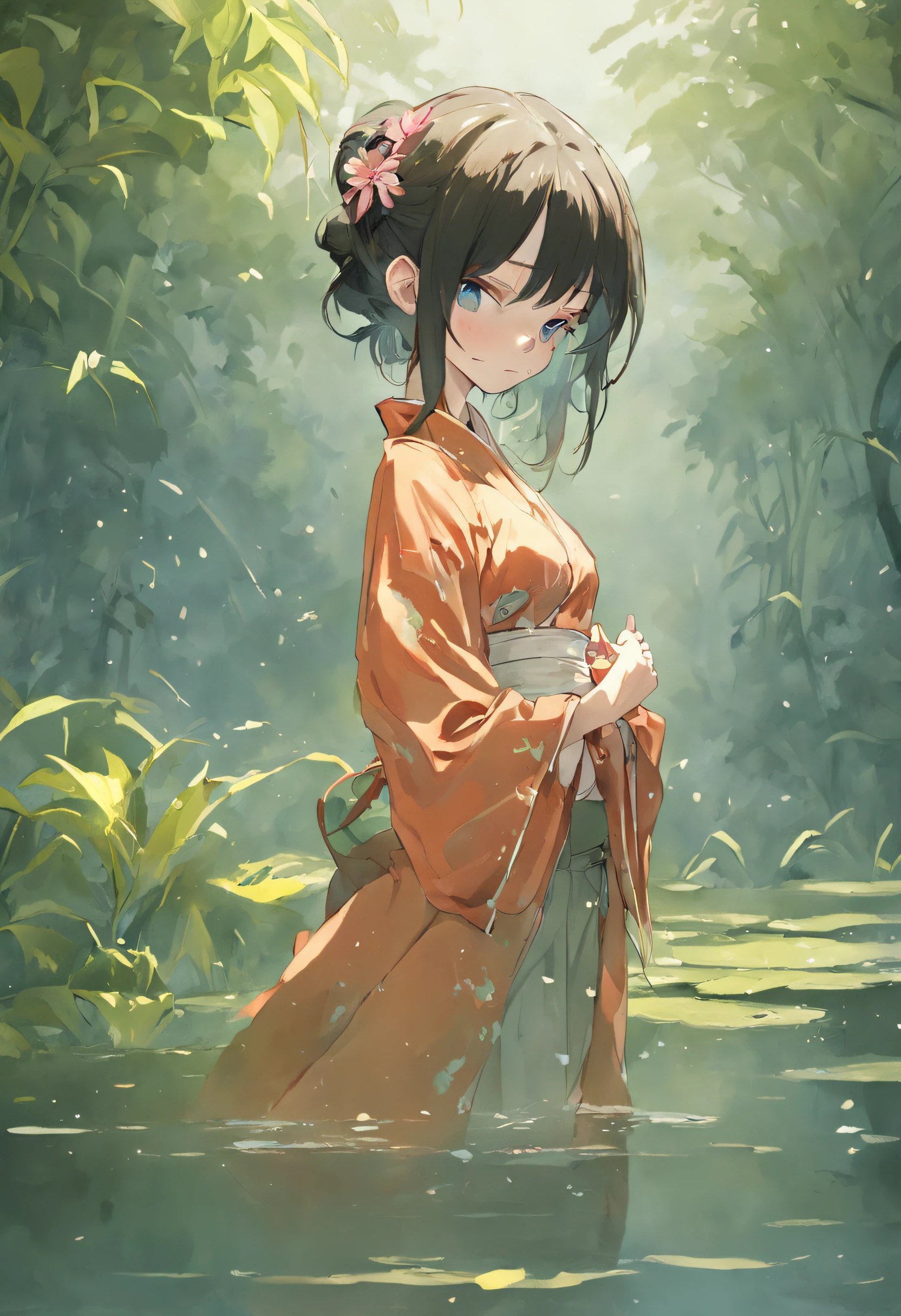 1female,41 years old,Slim,熟妇,Bigchest,Big breasts Thin waist,long leges ,Pornographic exposure, 独奏,(Background with:Lotus pond,the rainforest,bamboo forrest,Surrounded by lotus flowers) She has short black hair,standing on your feet,Sweat profusely,drenched all over the body,seen from the front, hair straight, mostly cloudy sky,(((tmasterpiece),(Very detailed CG unity 8K wallpaper),best qualtiy,cinmatic lighting,detailed back ground,beatiful detailed eyes,Bright pupils,(Very fine and beautiful),(Beautiful and detailed eye description)Black eyes,ultra - detailed,tmasterpiece,)),facing at camera,A high resolution,ultra - detailed),revealing breasts,Bare genitalia, Bulge,legs are open,Raised sexy,Camel toes,Flushed complexion,Open-mouthed,frontage,China Princess,A ball head(Wearing:White Hanfu)