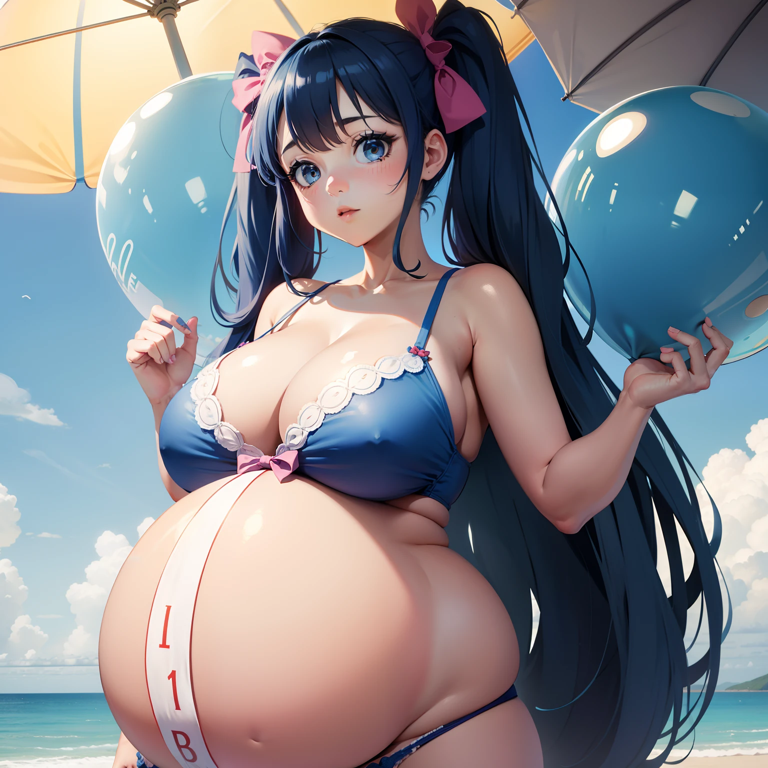 Twintails Hair Bow, blue hair,Big  Bump pregnant, bra and underwear, Big boobs, nipple, cum, Big Blue Balloons,16 yl, Big pregnant Belly, Big Pregnant girl, Largest Belly of Pregnant, Huge Pregnancy, background beach,Huge 9 months Pregnancy Belly,huge belly expansion, huge belly girl