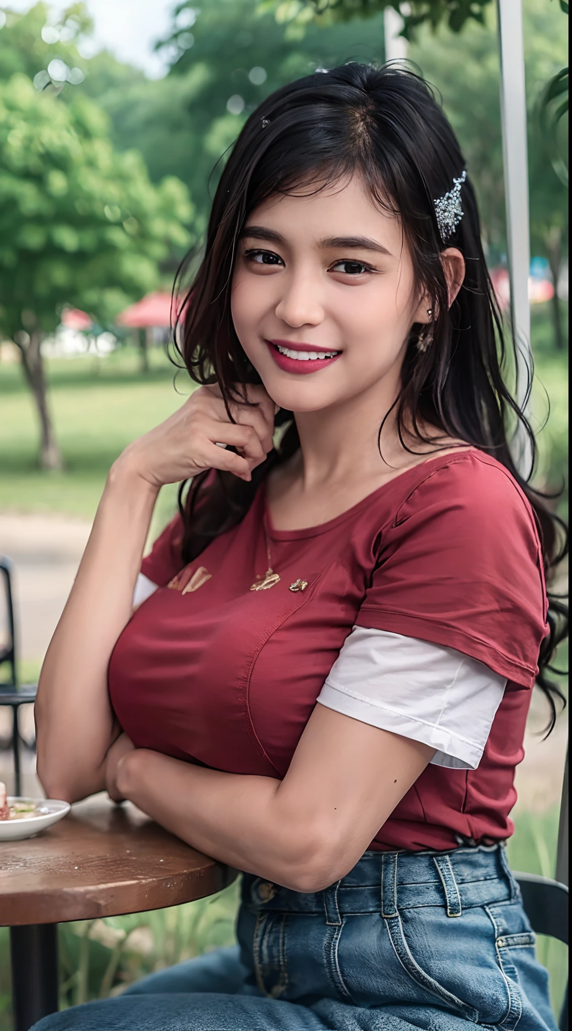 ((Best Quality, 8k, Masterpiece:1.3)), 40k, photography, Perfect Body Beauty:1.4, cinematic lighting, black long hair, straight Bangs, (red t-shirt:1.1) , (in front of cafe:1.2), Highly detailed face and skin texture, Detailed eyes, Double eyelids, whitening skin, perfect face, (huge breasts:1.5), (nighttime), smile, earrings, necklaces, mature women, coffee and cake on table, (a women sitting in front of cafe), beach background