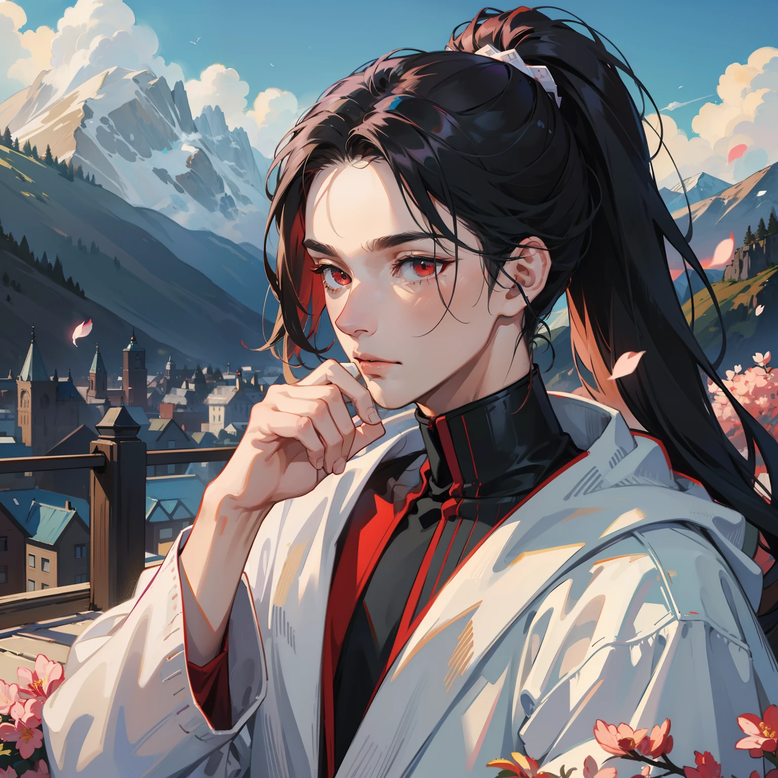Best quality, masterpiece, potrait, avatar, half-body, 1 man, male, man focus, man only, long wavy black hair, low ponytail style, red eyes, turtle-neck with white robe, 3/4 side, bright eyes, brilliant scene, sky, looking down, looking at the viewers, city and mountainous background, flying petals, male face, hand on chin, look far away, backyard